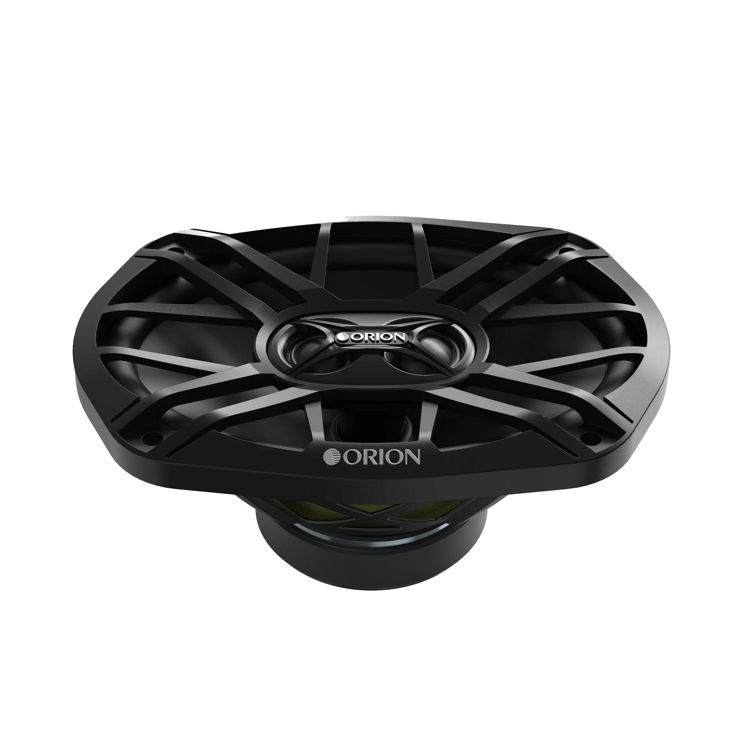 Low angle of an oval speaker with the spoked grille fitted, showing the basket depth and magnet