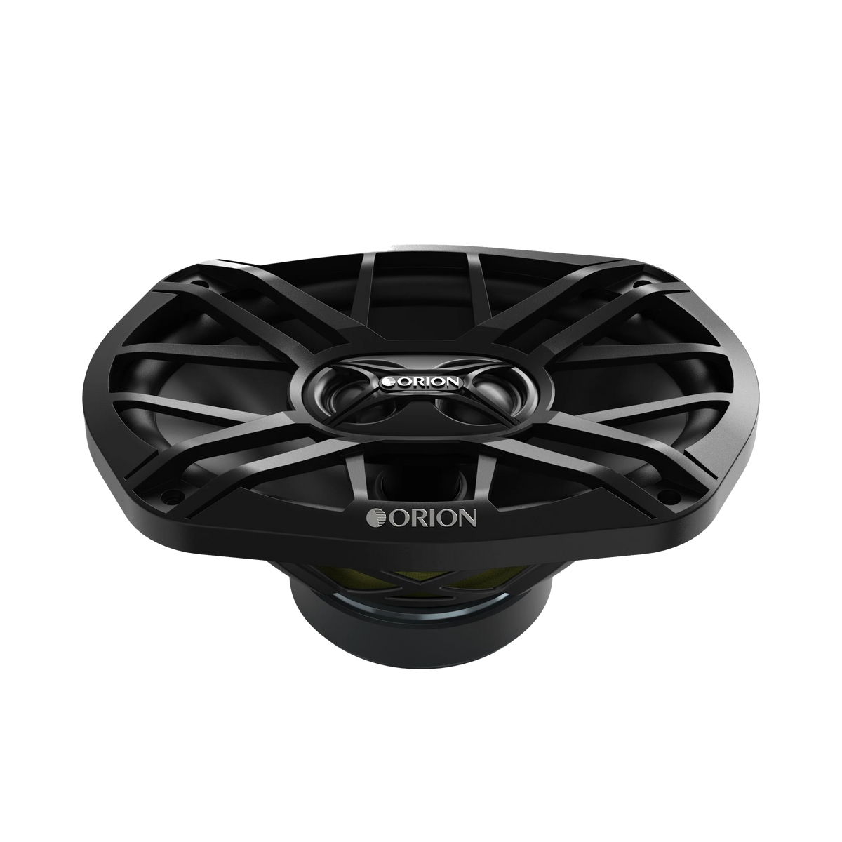 Low angle of an oval speaker with the spoked grille fitted, showing the basket depth and magnet