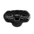 Low angle of an oval speaker with the spoked grille fitted, showing the basket depth and magnet