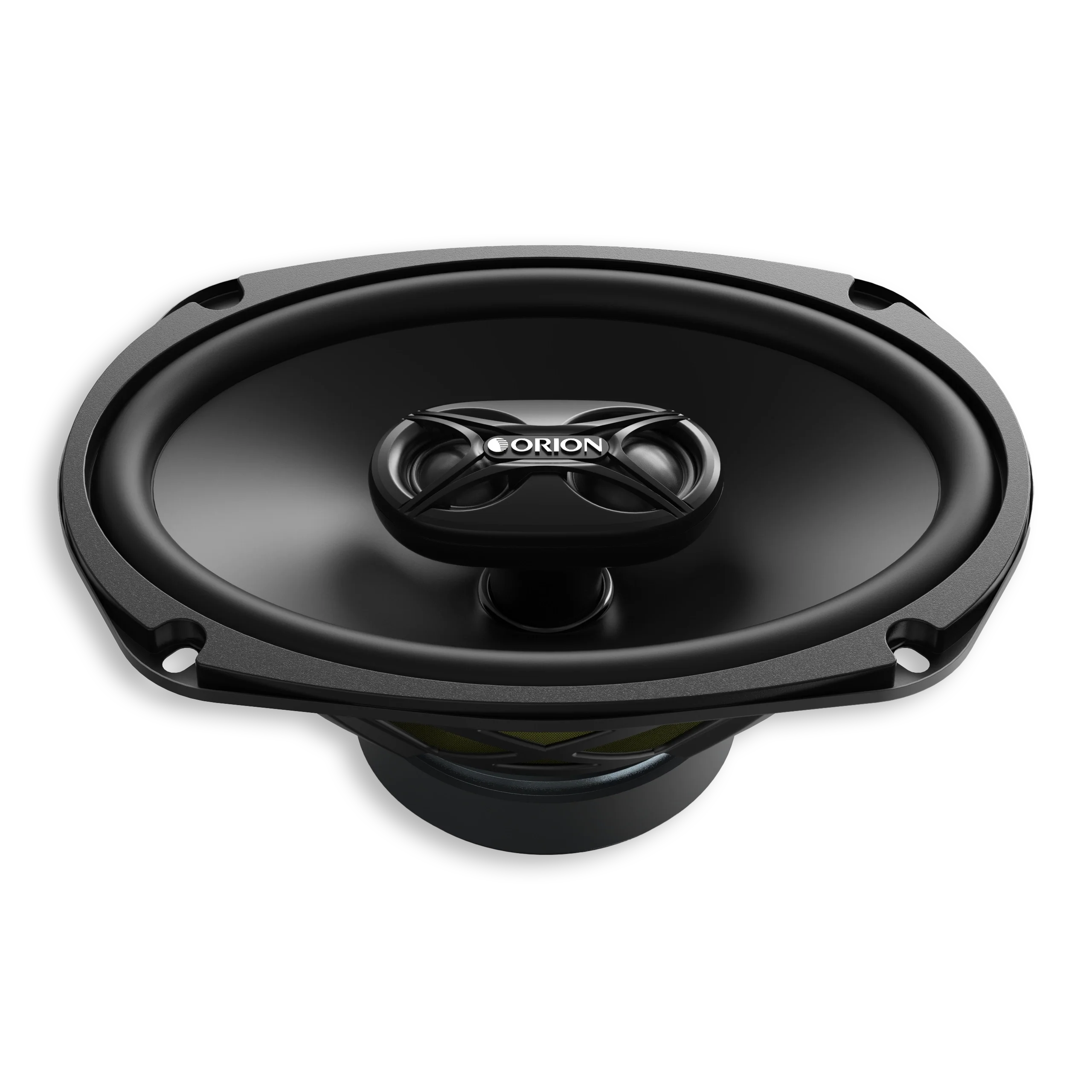 Angled view of an oval speaker without a grille, showing the raised tweeter bridge and mounting holes
