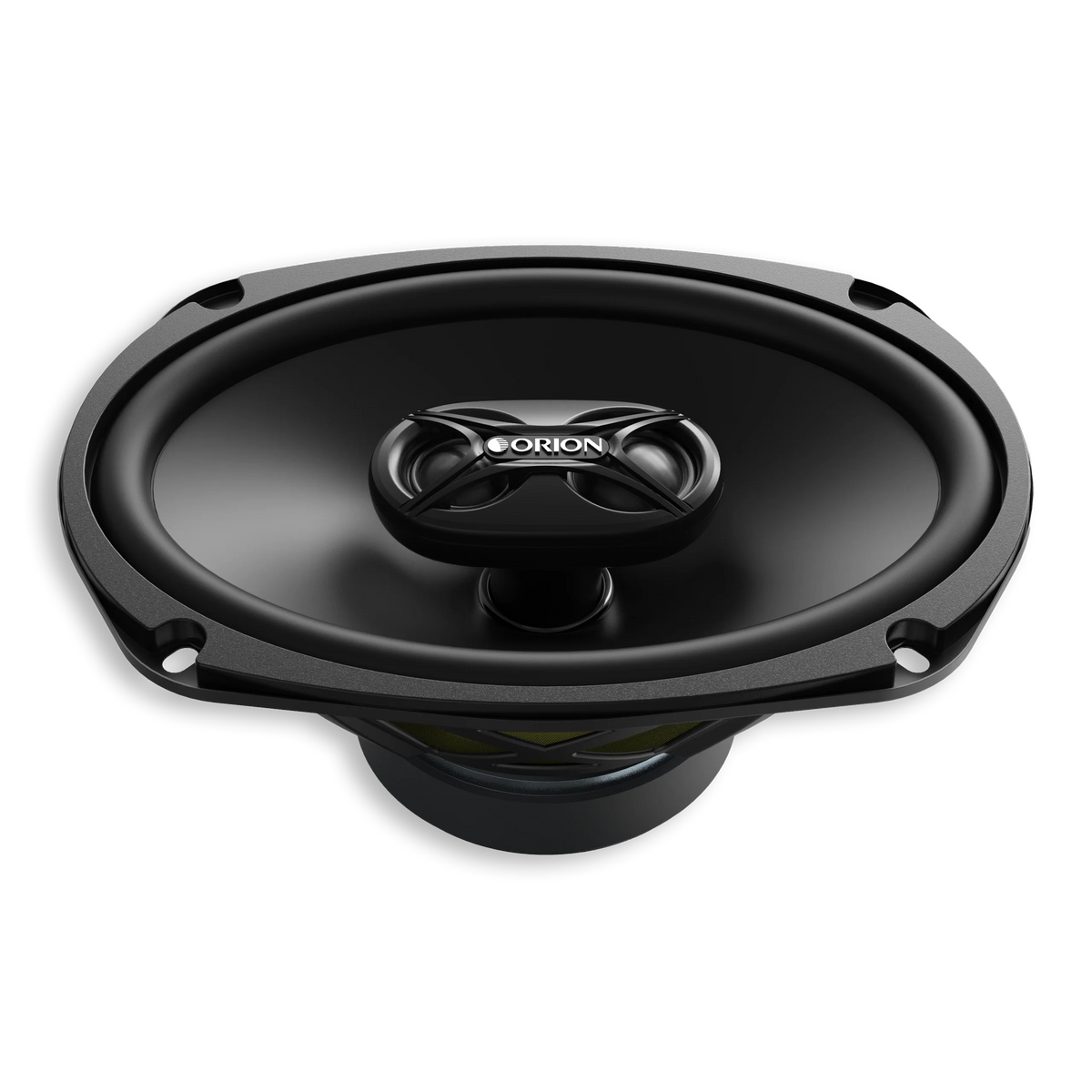Angled view of an oval speaker without a grille, showing the raised tweeter bridge and mounting holes