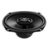 Angled view of an oval speaker without a grille, showing the raised tweeter bridge and mounting holes