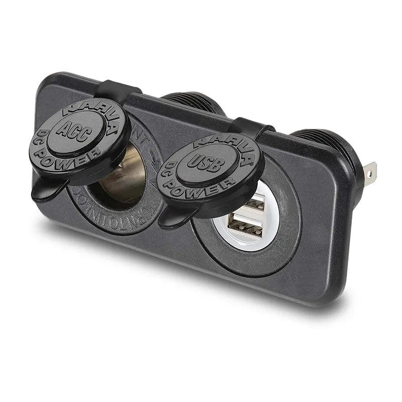 Narva 81144BL 12-24V Heavy-Duty Twin Accessory/Dual USB Sockets