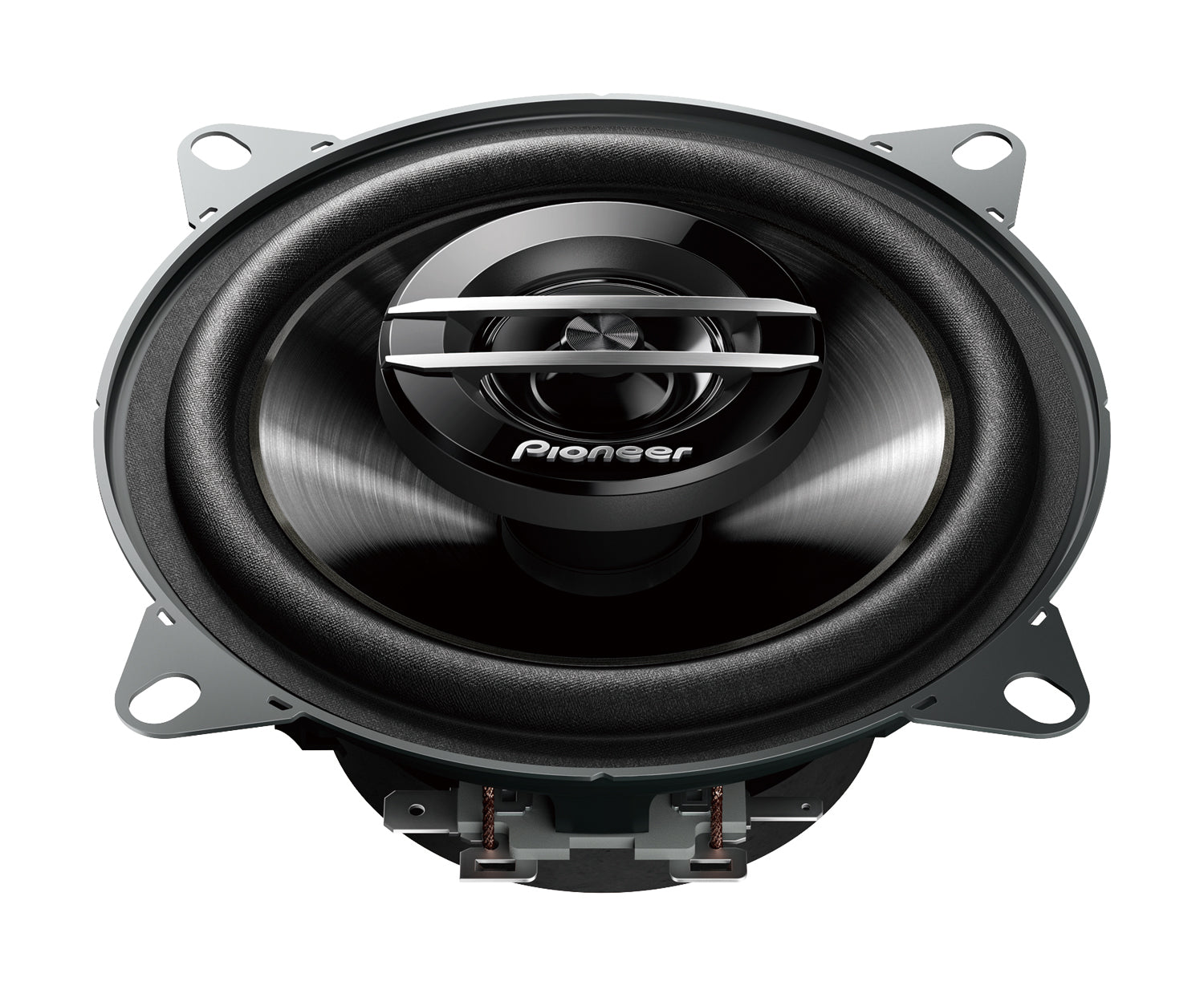 Bare speaker face on, showing the tweeter bridge, four mounting tabs and terminals below