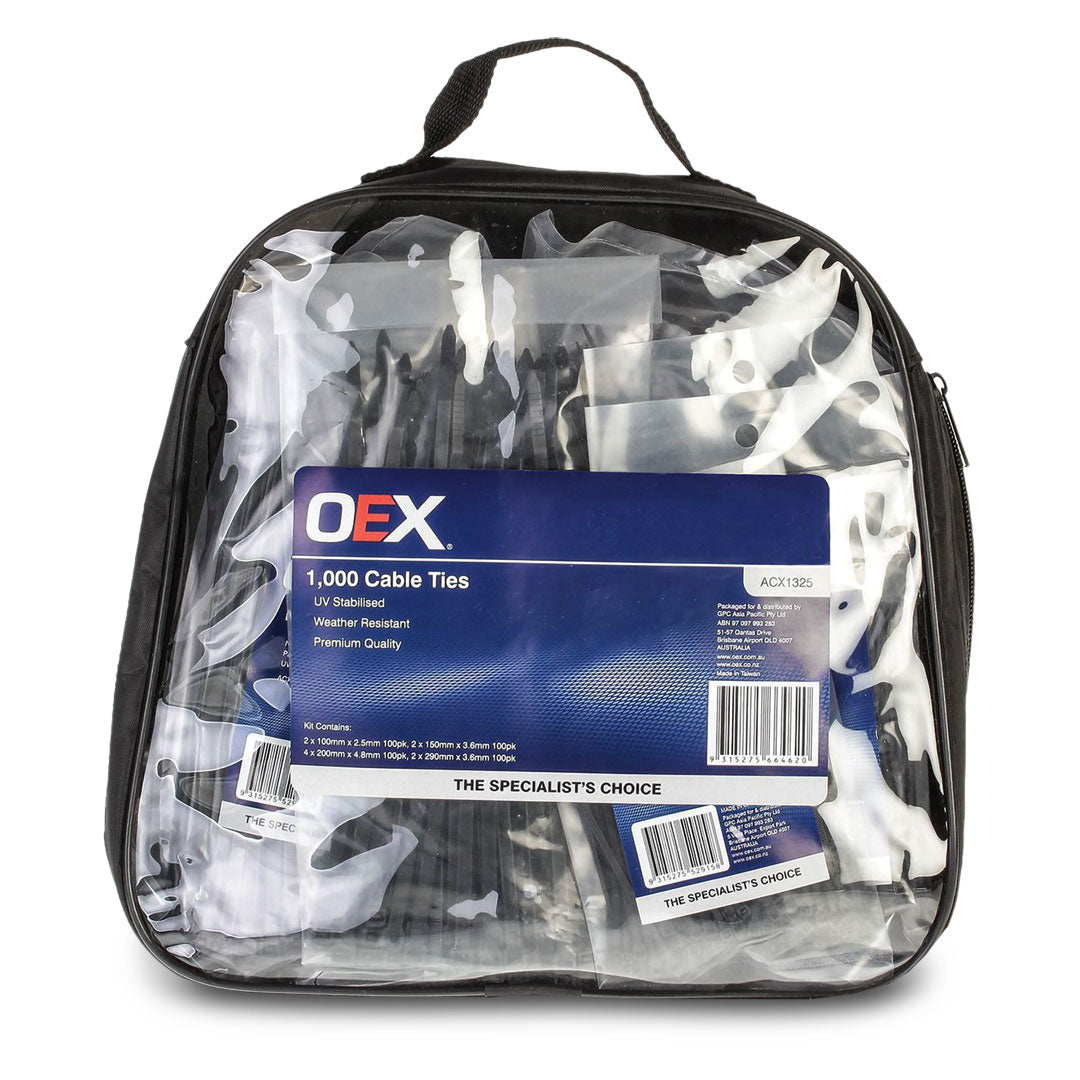 OEX ACX1325 | 1000Pc Black Nylon Cable Tie Kit – Heavy Duty, UV-Resistant, Multi-Size Assortment