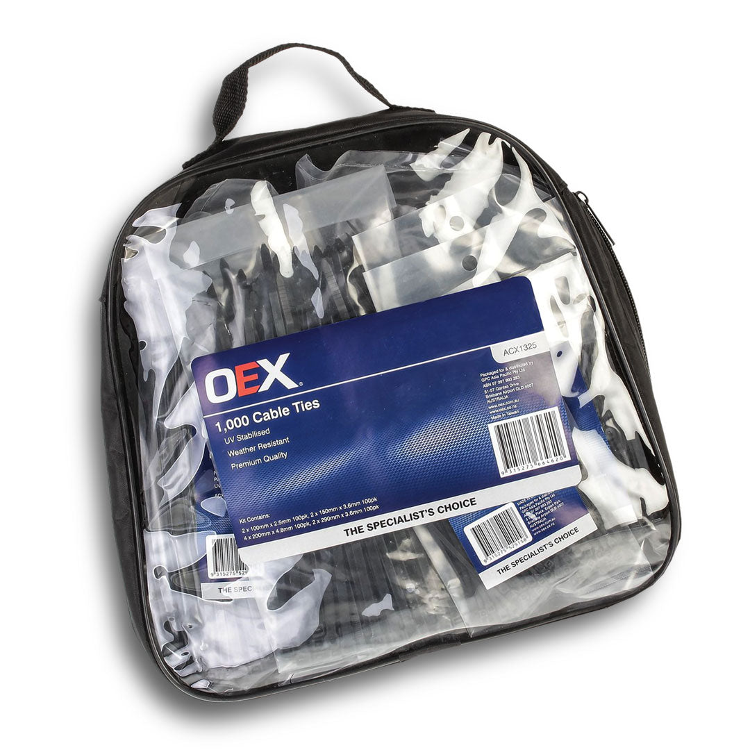 OEX ACX1325 | 1000Pc Black Nylon Cable Tie Kit – Heavy Duty, UV-Resistant, Multi-Size Assortment