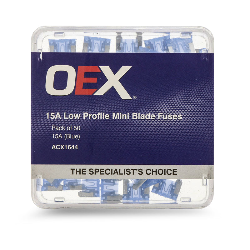 OEX ACX1644 Low Profile Mini Blade Fuse 15A Blue Pack of 50