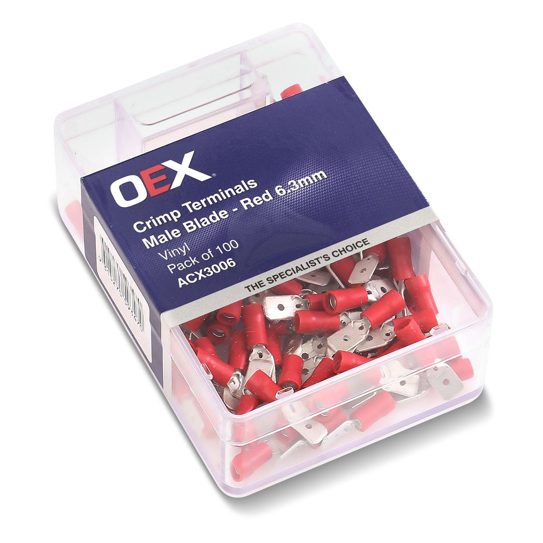 OEX ACX3006 | Red Male Blade Crimp Terminals 6.3x0.8mm – Vinyl Insulated, 100pc Pack
