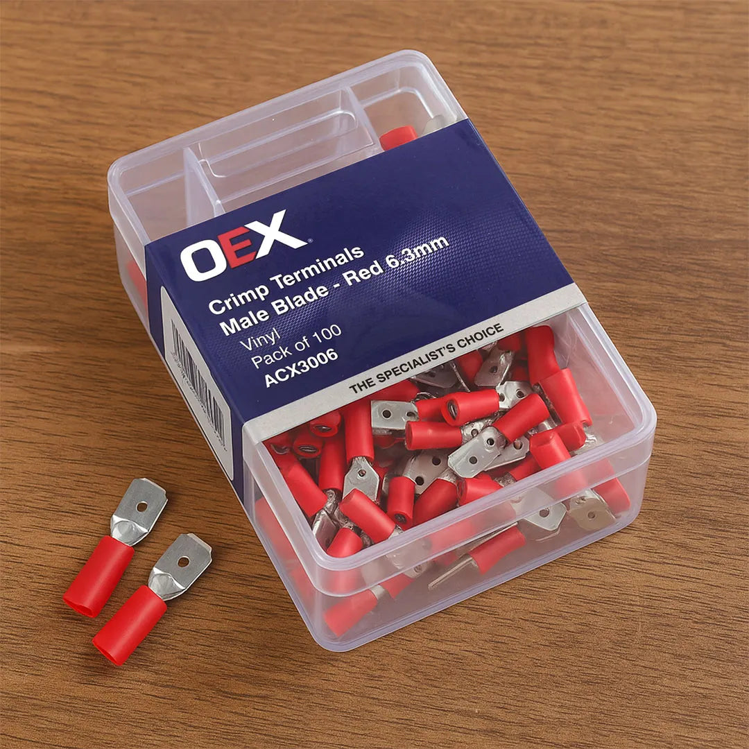 OEX ACX3006 Red Male Blade Crimp Terminals 6.3x0.8mm Vinyl Insulated 100pc Pack