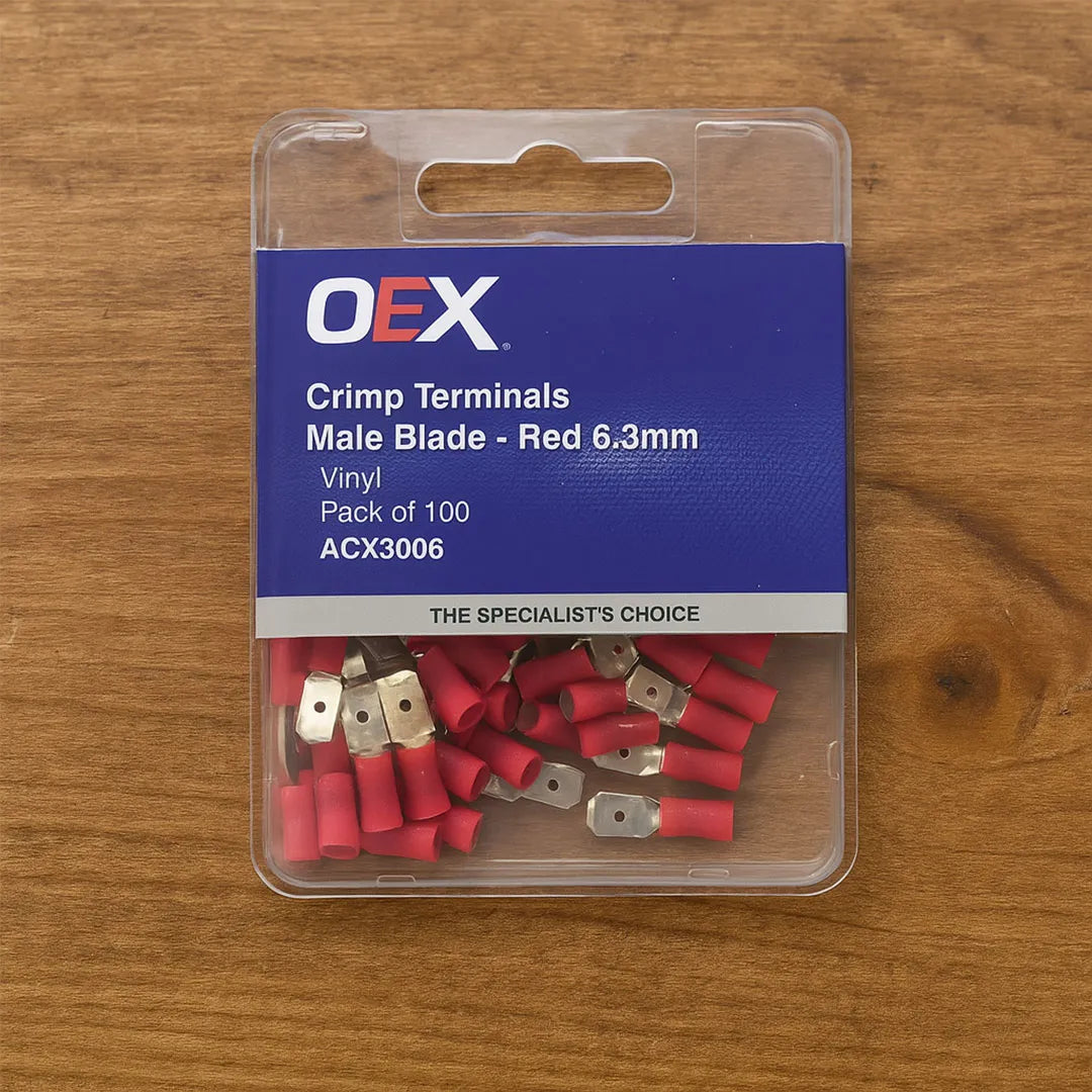 OEX ACX3006 Red Male Blade Crimp Terminals 6.3x0.8mm Vinyl Insulated 100pc Pack