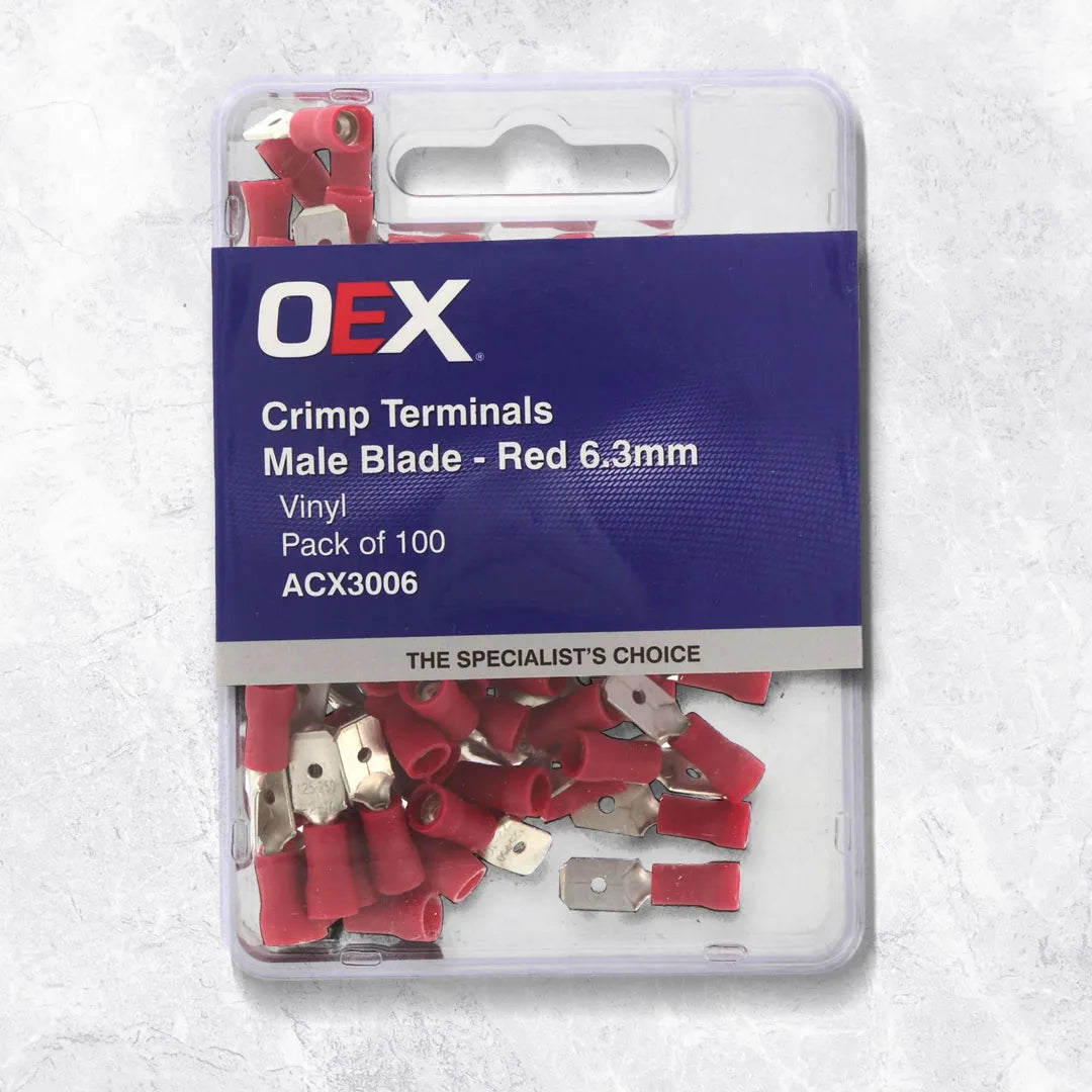 OEX ACX3006 Red Male Blade Crimp Terminals 6.3x0.8mm Vinyl Insulated 100pc Pack