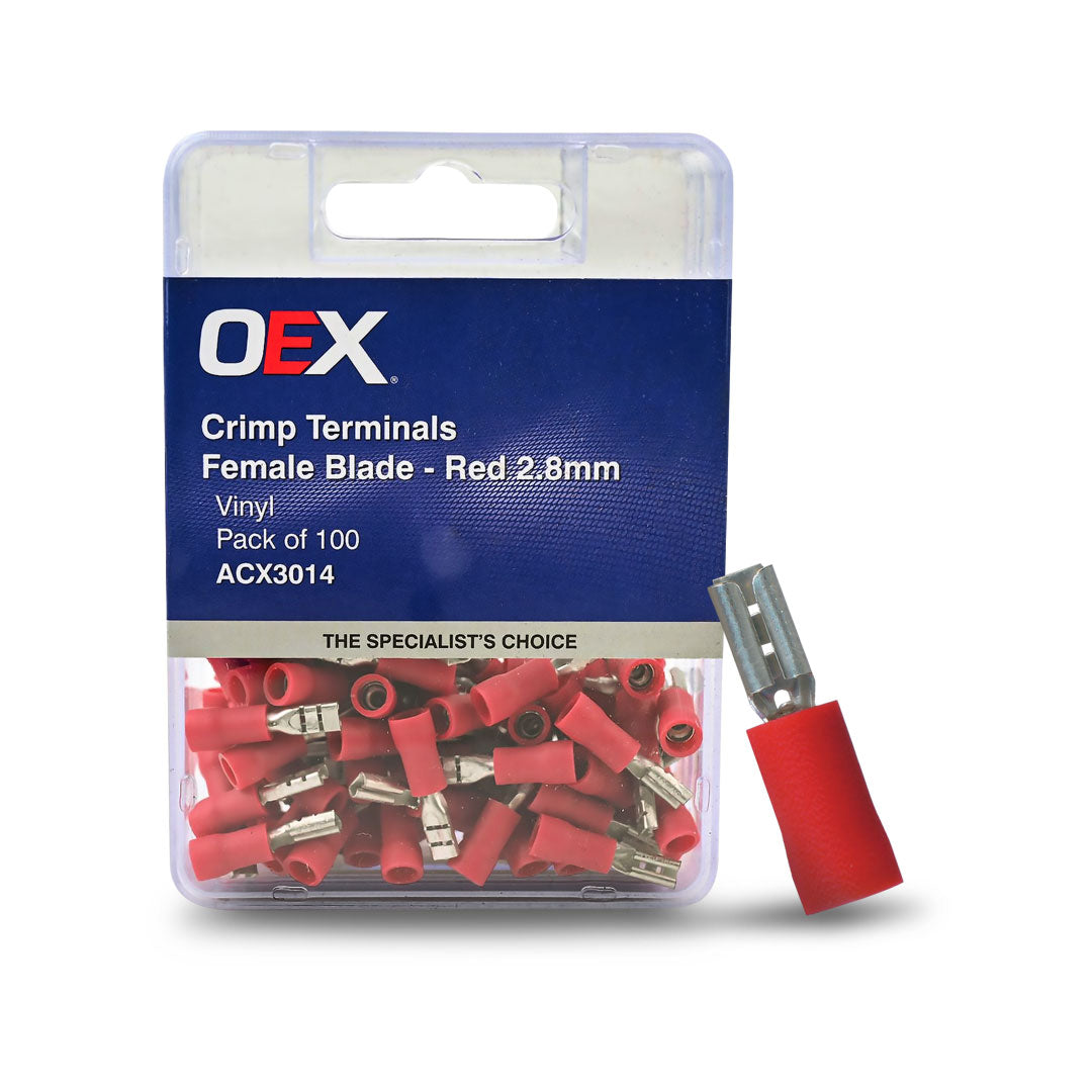 OEX ACX3014 | 2.8 x 0.8mm Terminal Blade | Female Crimp Red Terminal Entry  Vinyl 100 Pce
