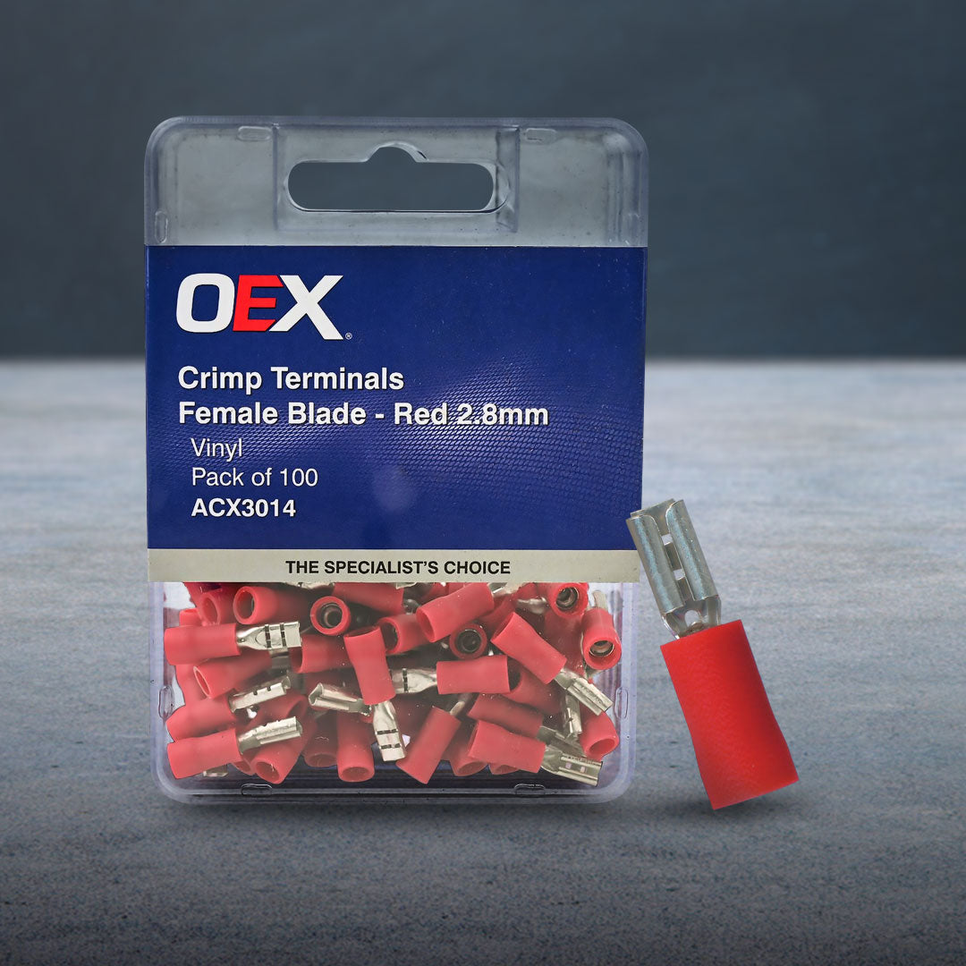 OEX ACX3014 | 2.8 x 0.8mm Terminal Blade | Female Crimp Red Terminal Entry  Vinyl 100 Pce