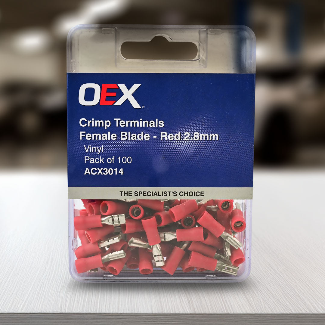 OEX ACX3014 | 2.8 x 0.8mm Terminal Blade | Female Crimp Red Terminal Entry  Vinyl 100 Pce