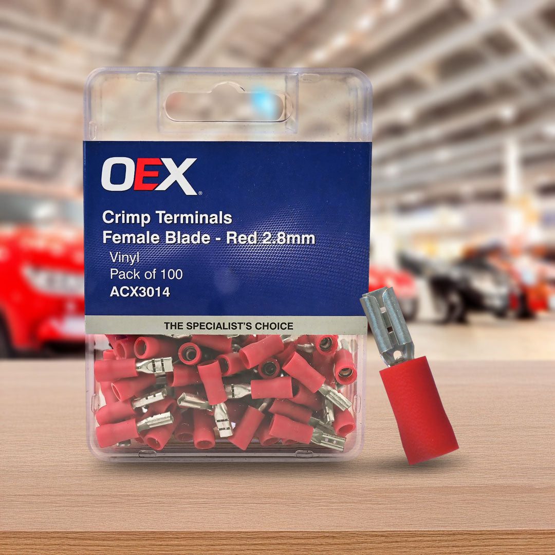 OEX ACX3014 | 2.8 x 0.8mm Terminal Blade | Female Crimp Red Terminal Entry  Vinyl 100 Pce