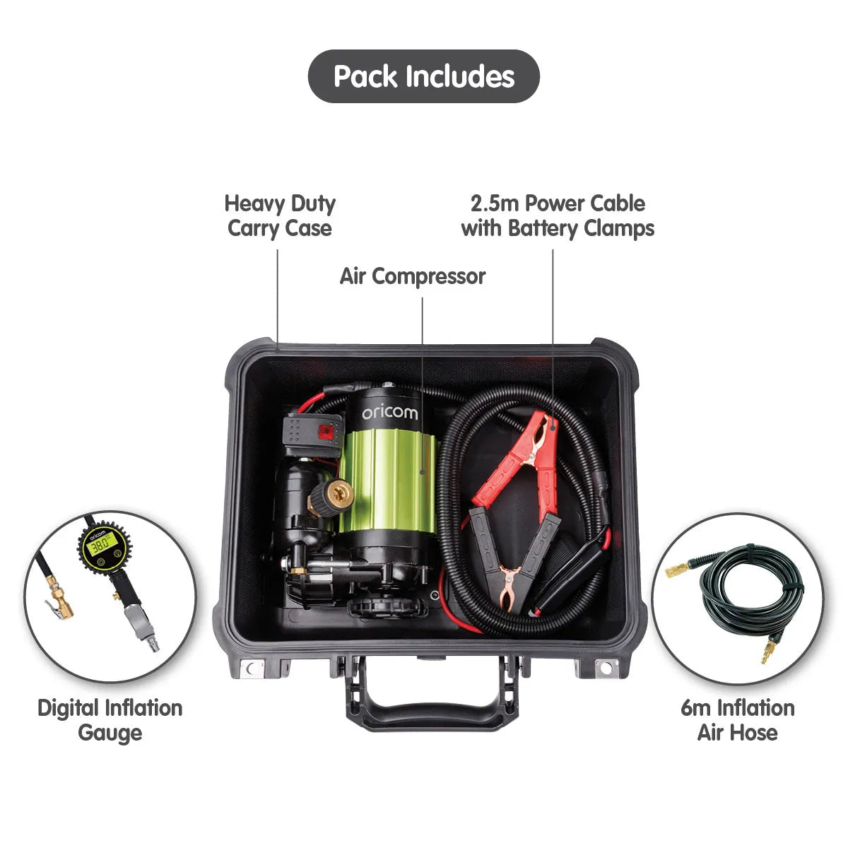 Oricom AIR30KIT Portable Air Compressor Kit with Heavy Duty Case + Twin Tyre Inflator/Deflator Combo