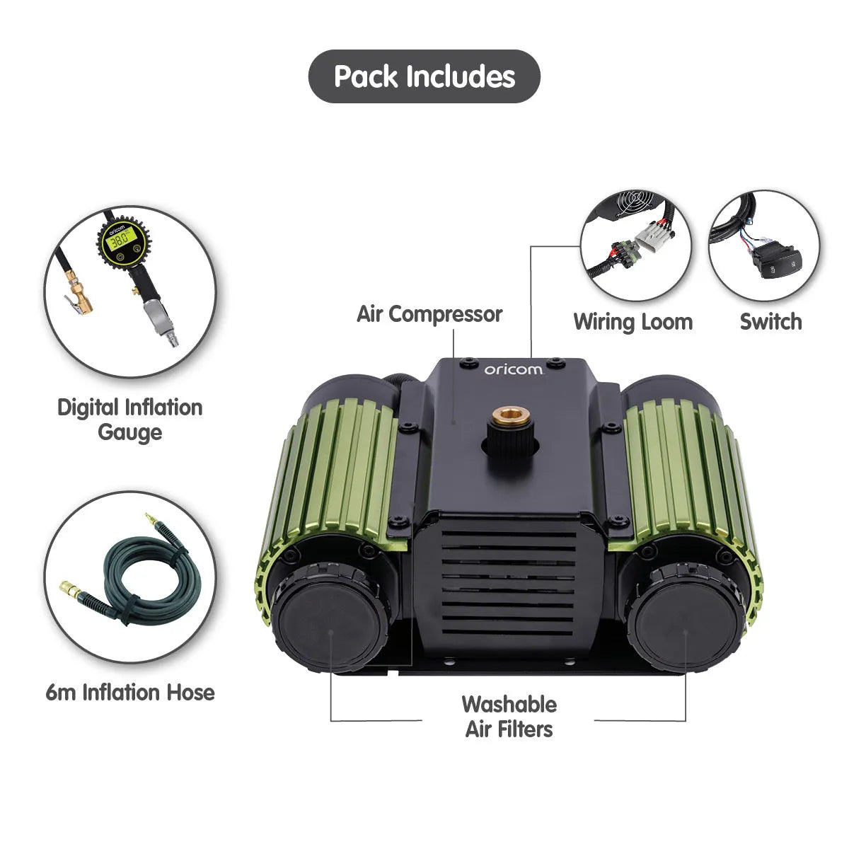 Oricom AIR40KIT Twin Cylinder Air Compressor and Inflation Kit + 4 Tyre Inflator/Deflator Combo