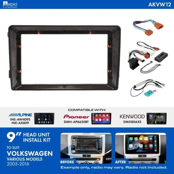 AERPRO AKVW12 9-Inch Installation Kit for Volkswagen 2005-2016 - Universal Trapezoid Head Unit Integration with Factory Feature Retention Compatible with Pioneer, Kenwood, and Alpine