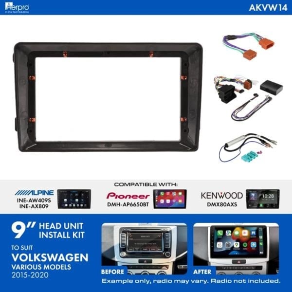 AERPRO AKVW15 9-Inch Installation Kit for Volkswagen 2015-2020 with Factory Visual and Amplifier Retention - Universal Trapezoid Head Unit Integration Compatible with Pioneer, Kenwood, and Alpine