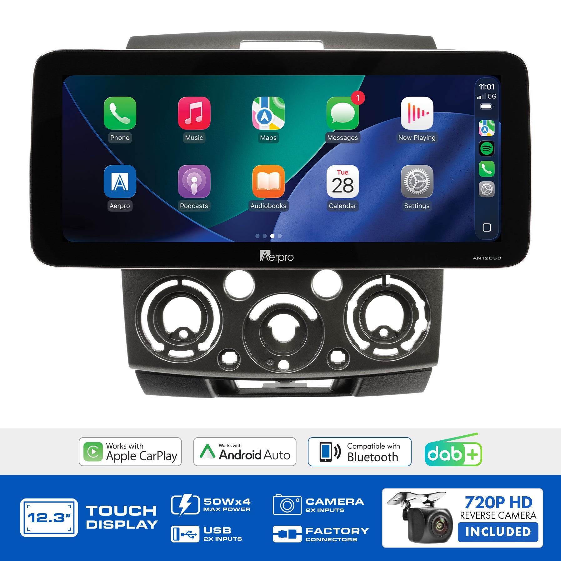 Aerpro AMTCFO1 feature graphic listing wireless CarPlay, Android Auto, DAB+ and the included camera
