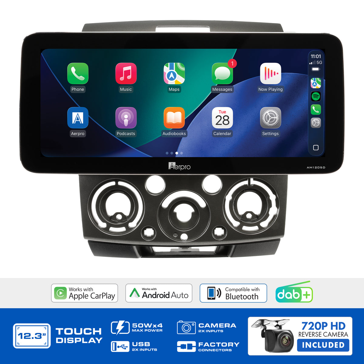 Aerpro AMTCFO1 feature graphic listing wireless CarPlay, Android Auto, DAB+ and the included camera
