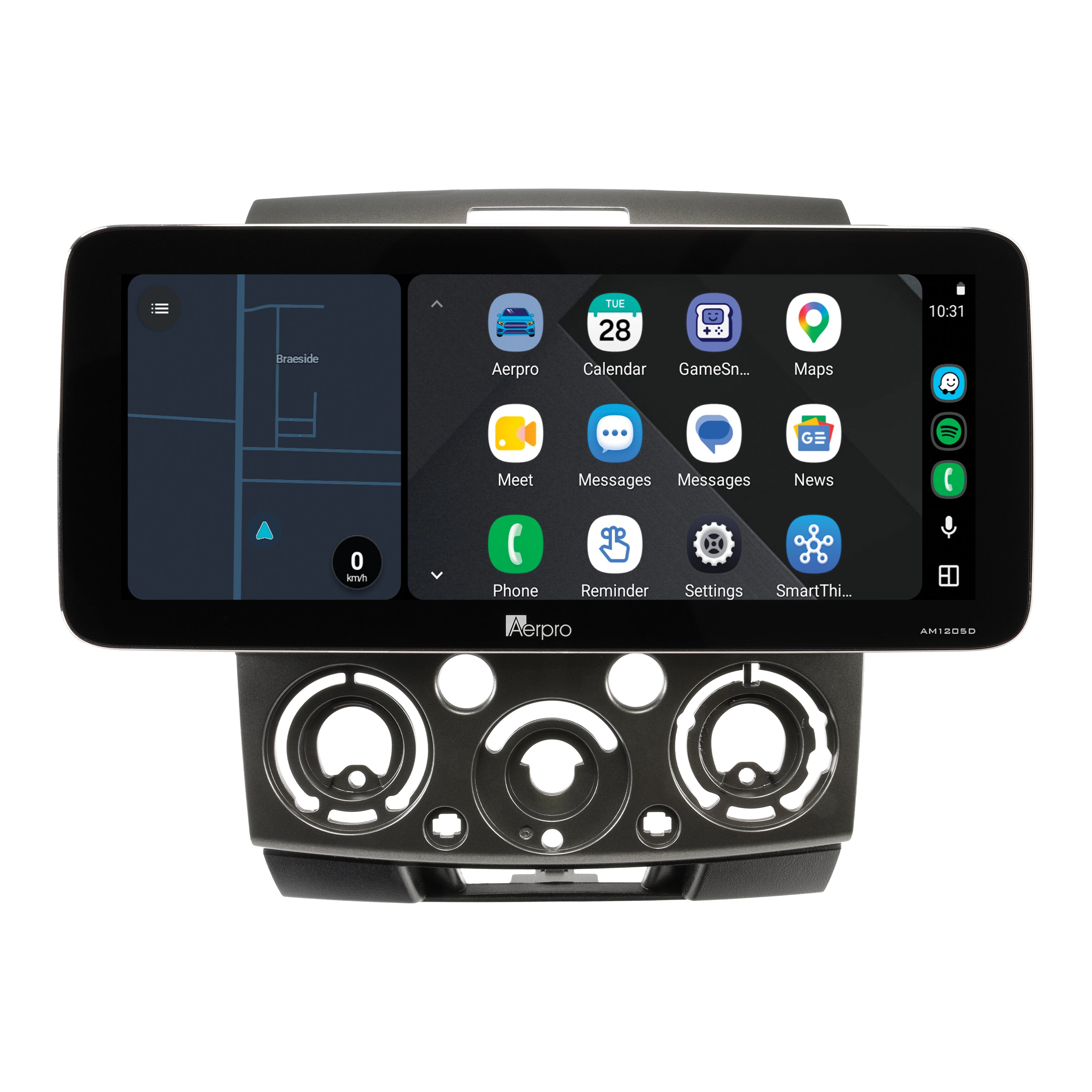 Aerpro AMTCFO1 12.3 inch screen running Android Auto split screen with a map