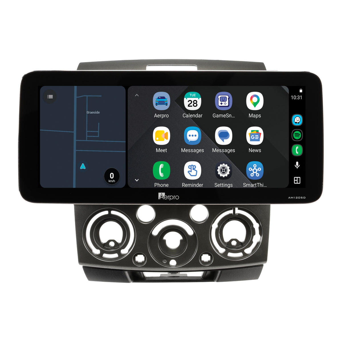 Aerpro AMTCFO1 12.3 inch screen running Android Auto split screen with a map