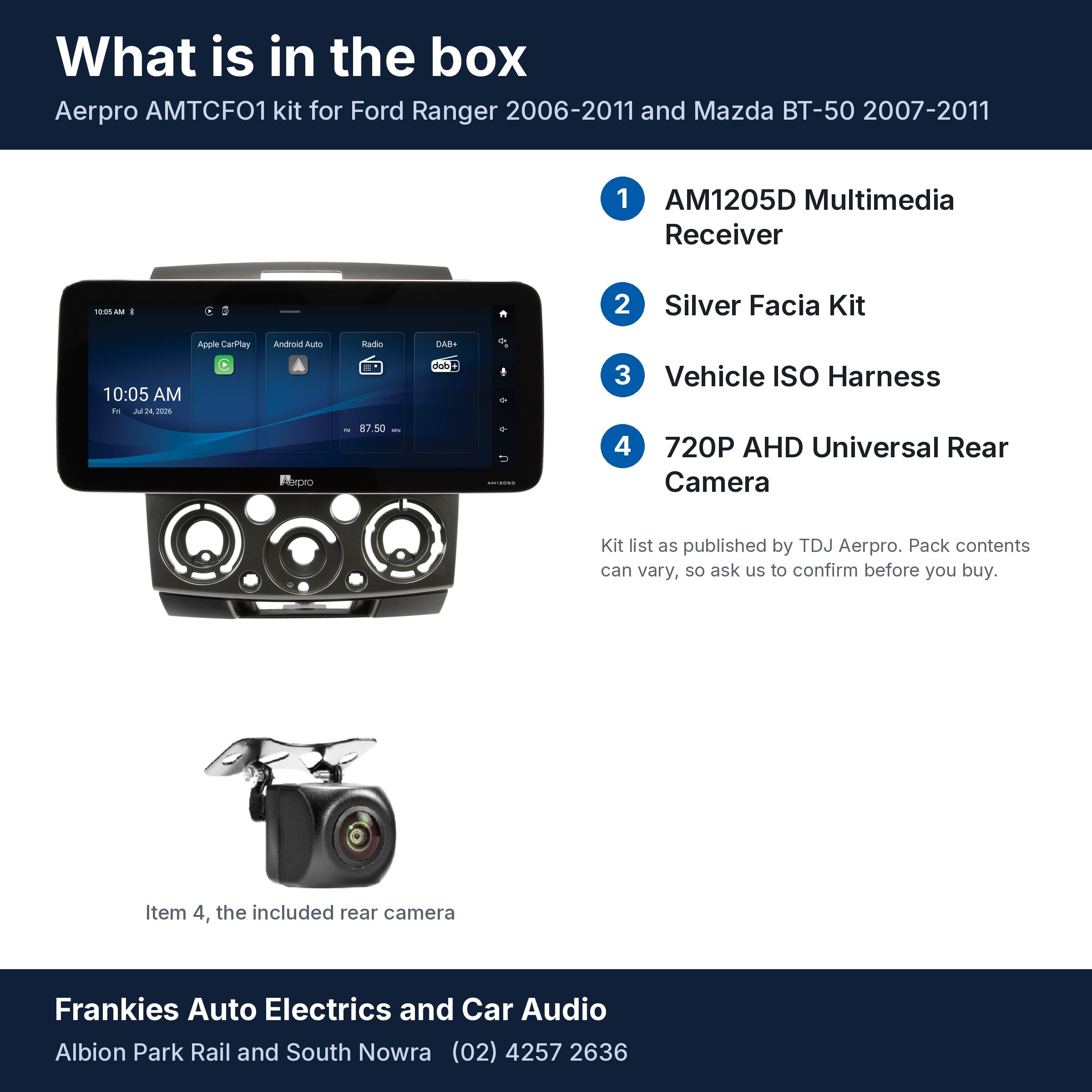 What is in the box for the Aerpro AMTCFO1 kit for Ford Ranger 2006-2011 and Mazda BT-50 2007-2011: the AM1205D head unit in its facia, the rear camera and the 4 kit items