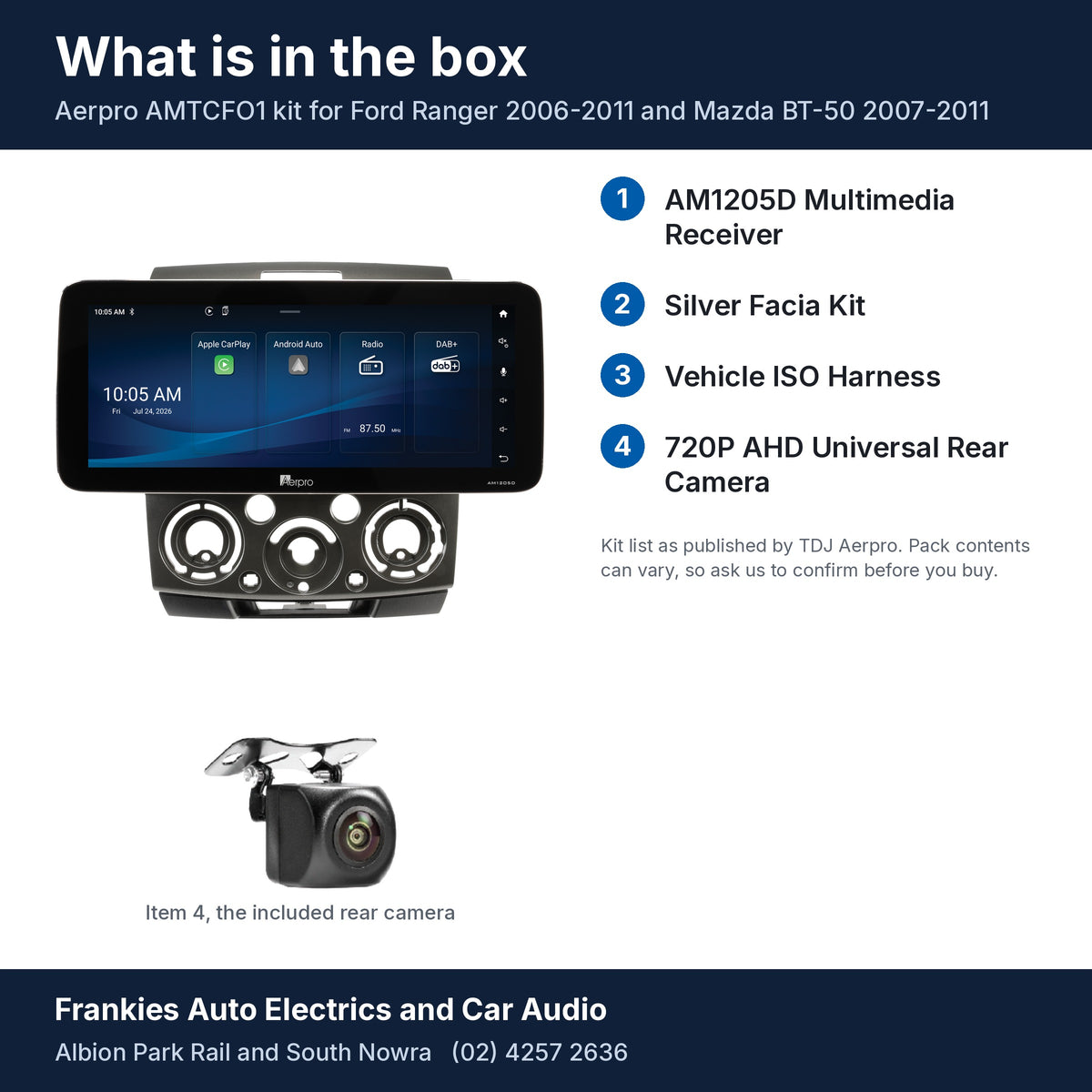 What is in the box for the Aerpro AMTCFO1 kit for Ford Ranger 2006-2011 and Mazda BT-50 2007-2011: the AM1205D head unit in its facia, the rear camera and the 4 kit items
