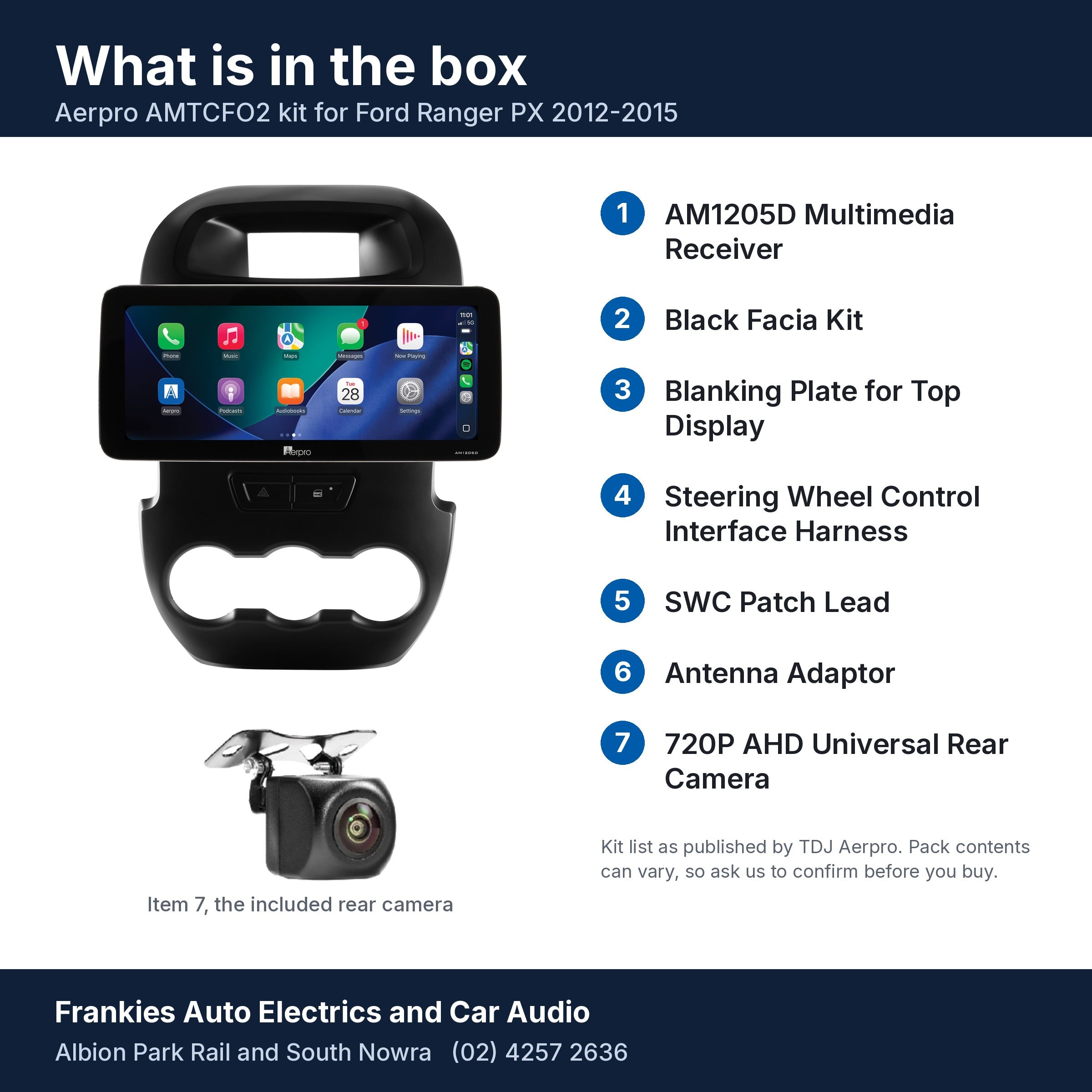 What is in the box for the Aerpro AMTCFO2 kit for Ford Ranger PX 2012-2015: the AM1205D 12.3 inch head unit in its black facia, the rear camera, and a numbered list of the seven kit items
