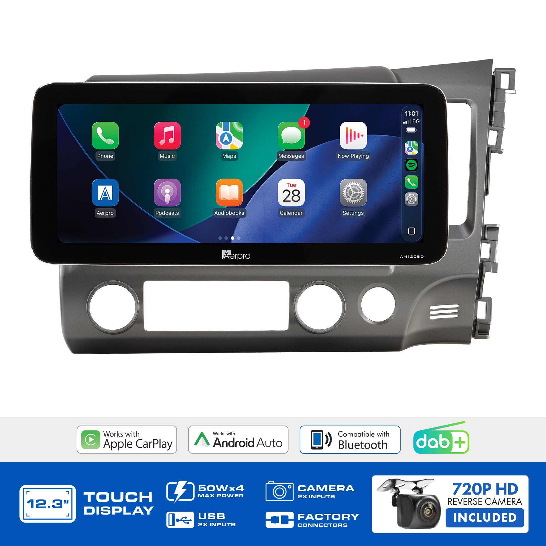 Aerpro AMTCHO8 feature graphic listing wireless CarPlay, Android Auto, DAB+ and the included camera
