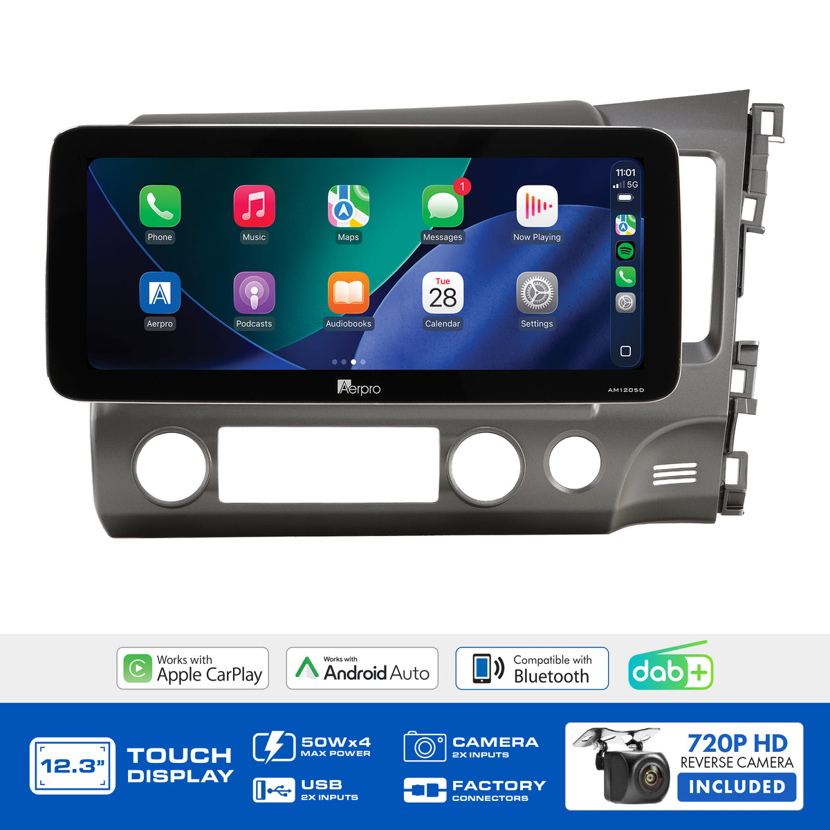 Aerpro AMTCHO8 feature graphic listing wireless CarPlay, Android Auto, DAB+ and the included camera