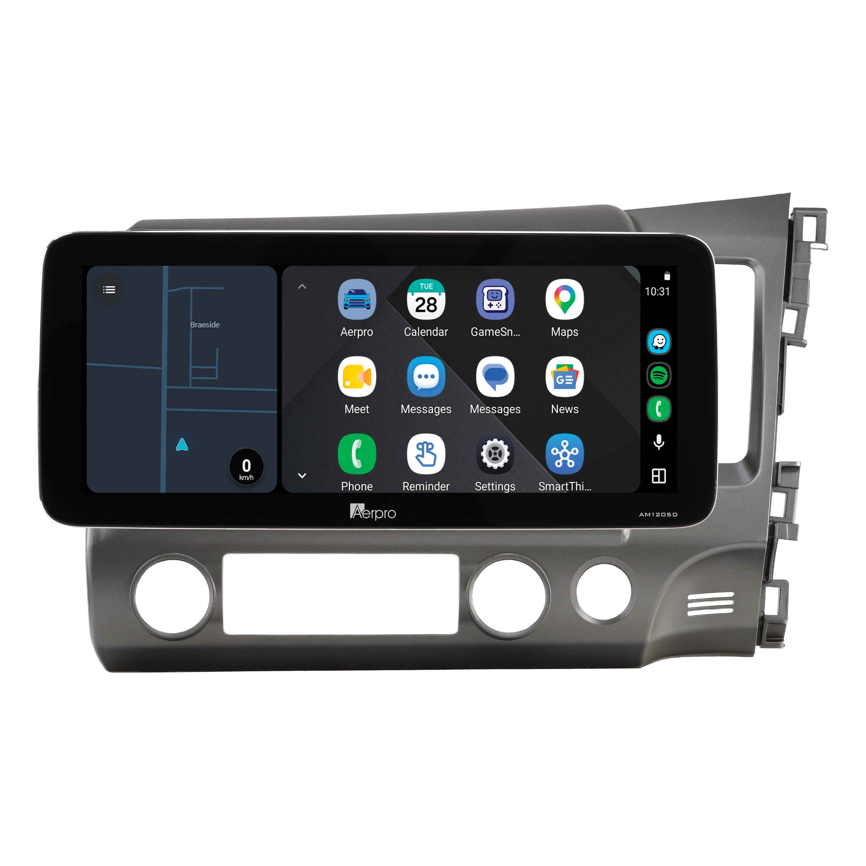 Aerpro AMTCHO8 12.3 inch screen running Android Auto split screen with a map