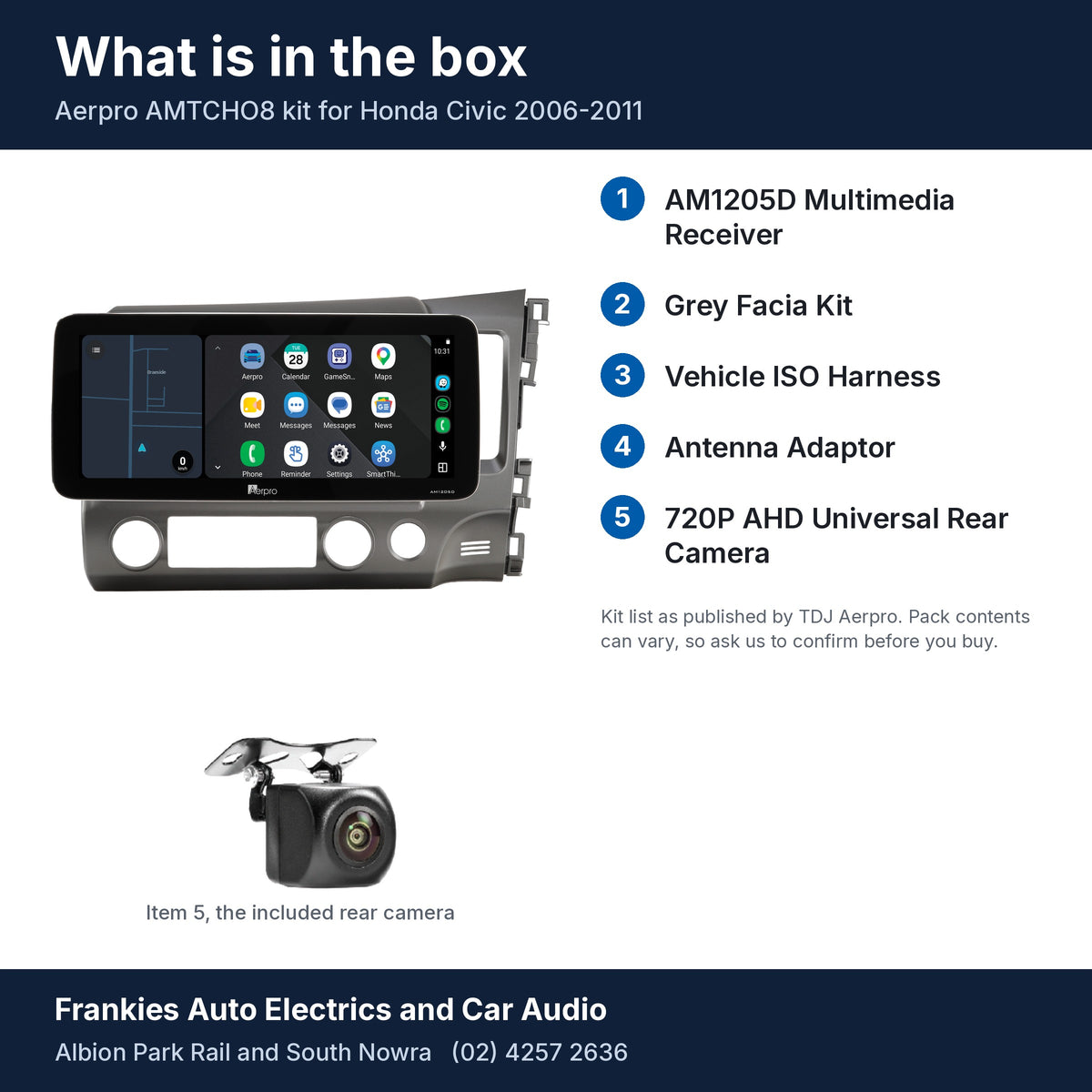 What is in the box for the Aerpro AMTCHO8 kit for Honda Civic 2006-2011: the AM1205D 12.3 inch head unit in its grey facia, the rear camera and a list of the 5 kit items