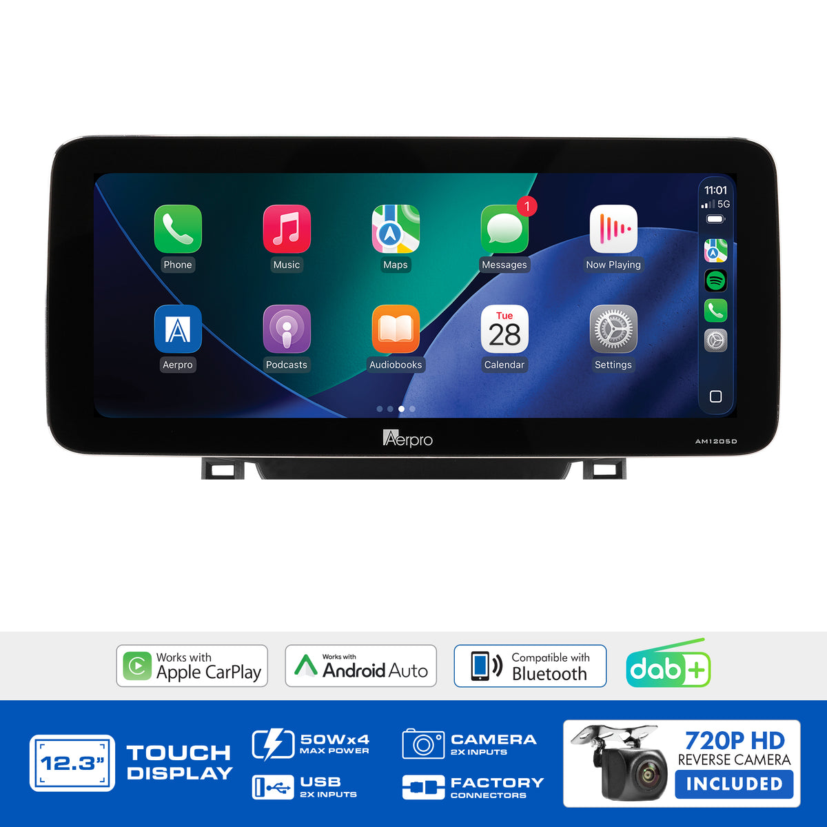 Aerpro AMTCHY1 feature graphic listing wireless CarPlay, Android Auto, DAB+ and the included camera