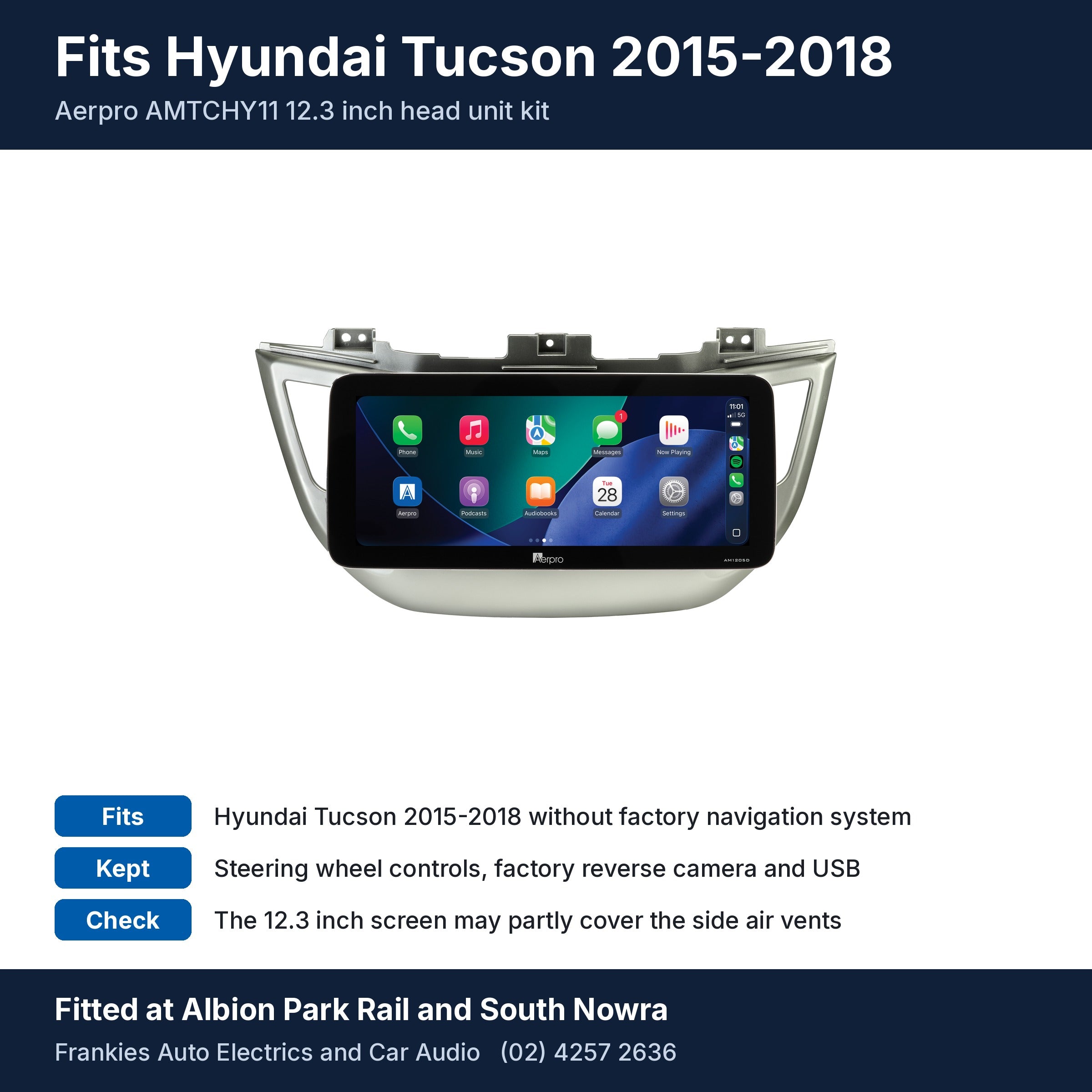 Aerpro AMTCHY11 12.3 inch head unit in its silver facia for Hyundai Tucson 2015-2018, with fit and feature notes, fitted at Albion Park Rail and South Nowra