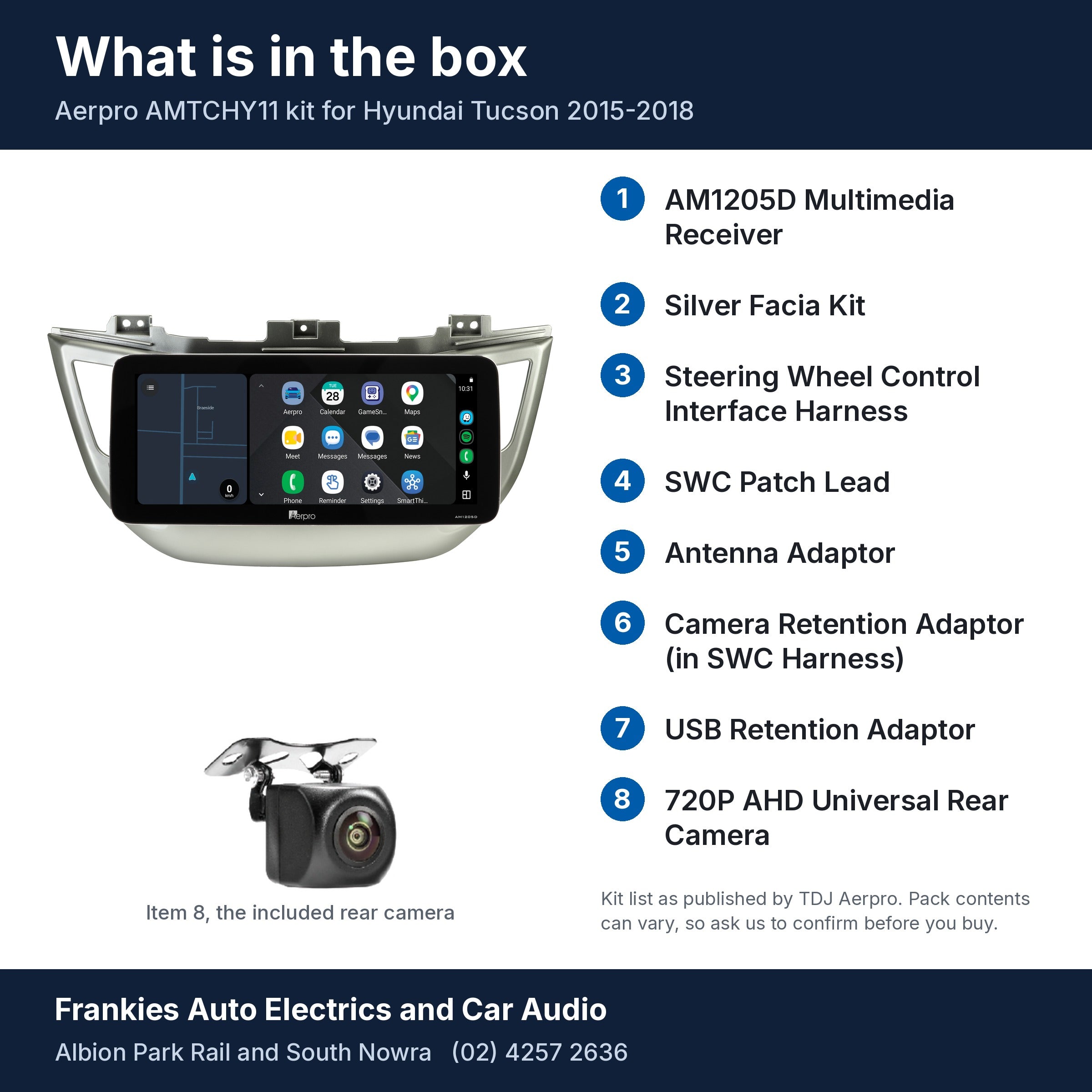 What is in the box for the Aerpro AMTCHY11 kit for Hyundai Tucson 2015-2018: the AM1205D 12.3 inch head unit in its silver facia, the rear camera and a list of the 8 kit items