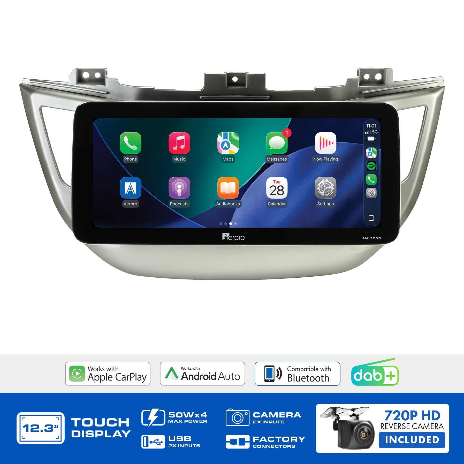 Aerpro AMTCHY12 feature graphic listing wireless CarPlay, Android Auto, DAB+ and the included camera