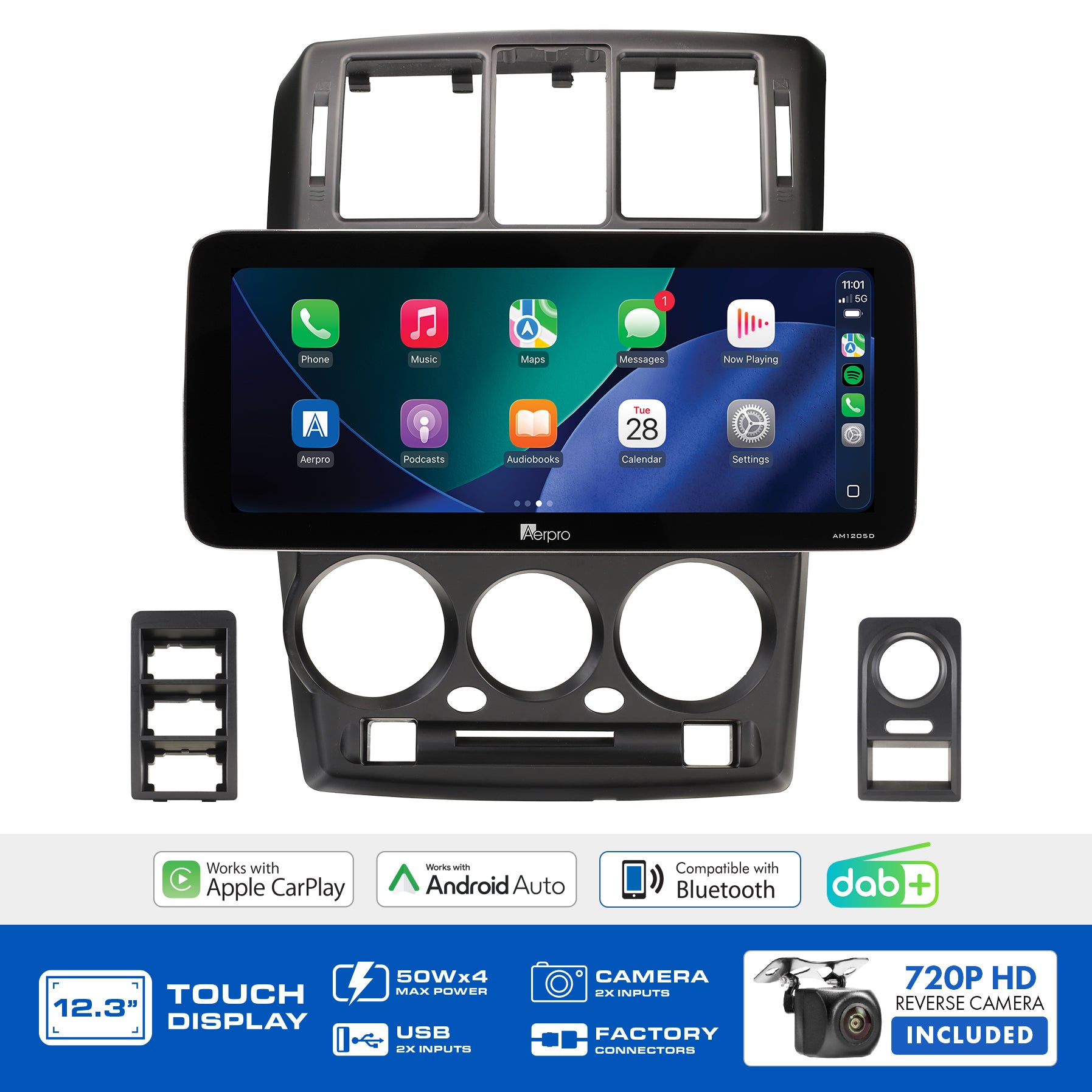 Aerpro AMTCHY15 feature graphic listing wireless CarPlay, Android Auto, DAB+ and the included camera