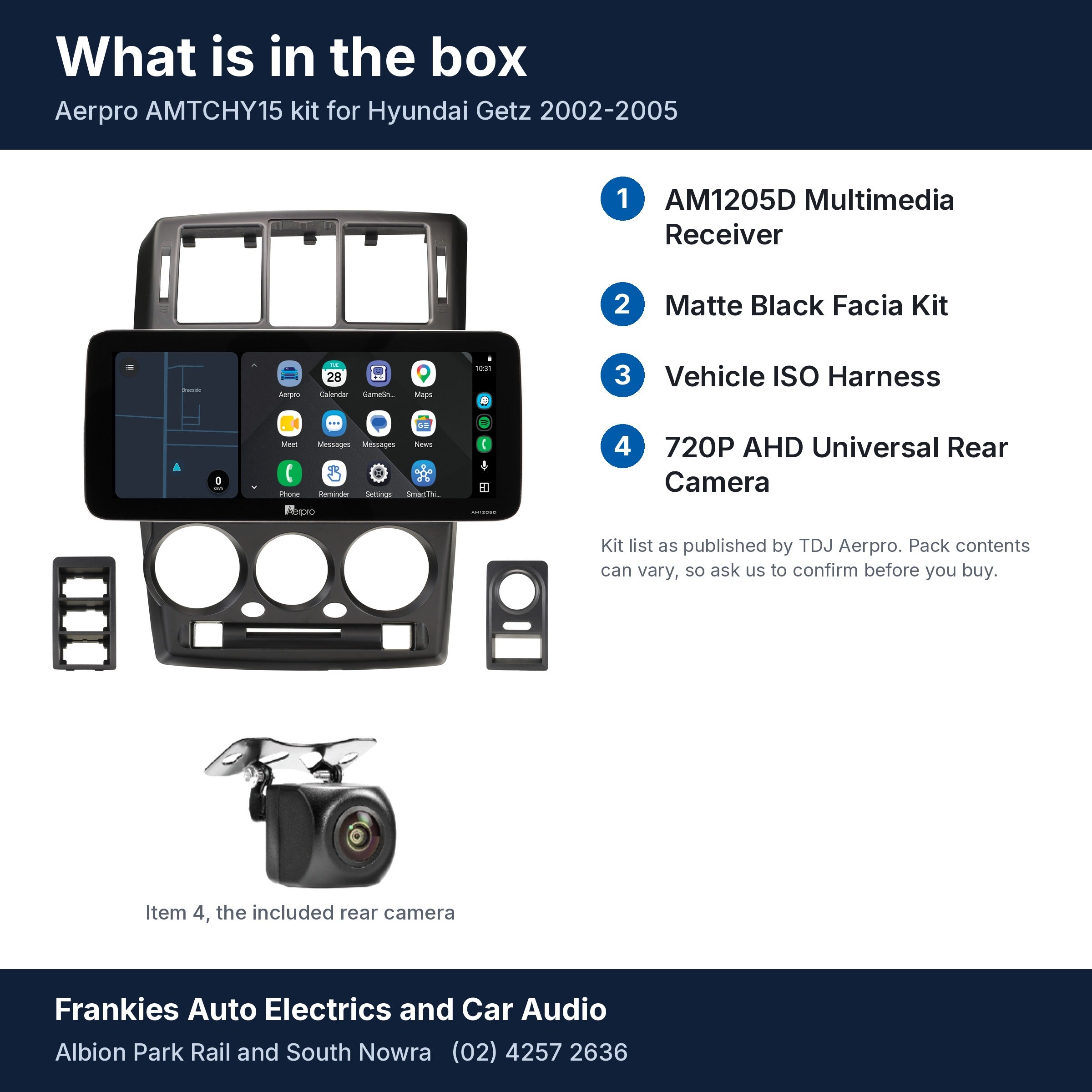 What is in the box for the Aerpro AMTCHY15 kit for Hyundai Getz 2002-2005: the AM1205D 12.3 inch head unit in its matte black facia, the rear camera and a list of the 4 kit items