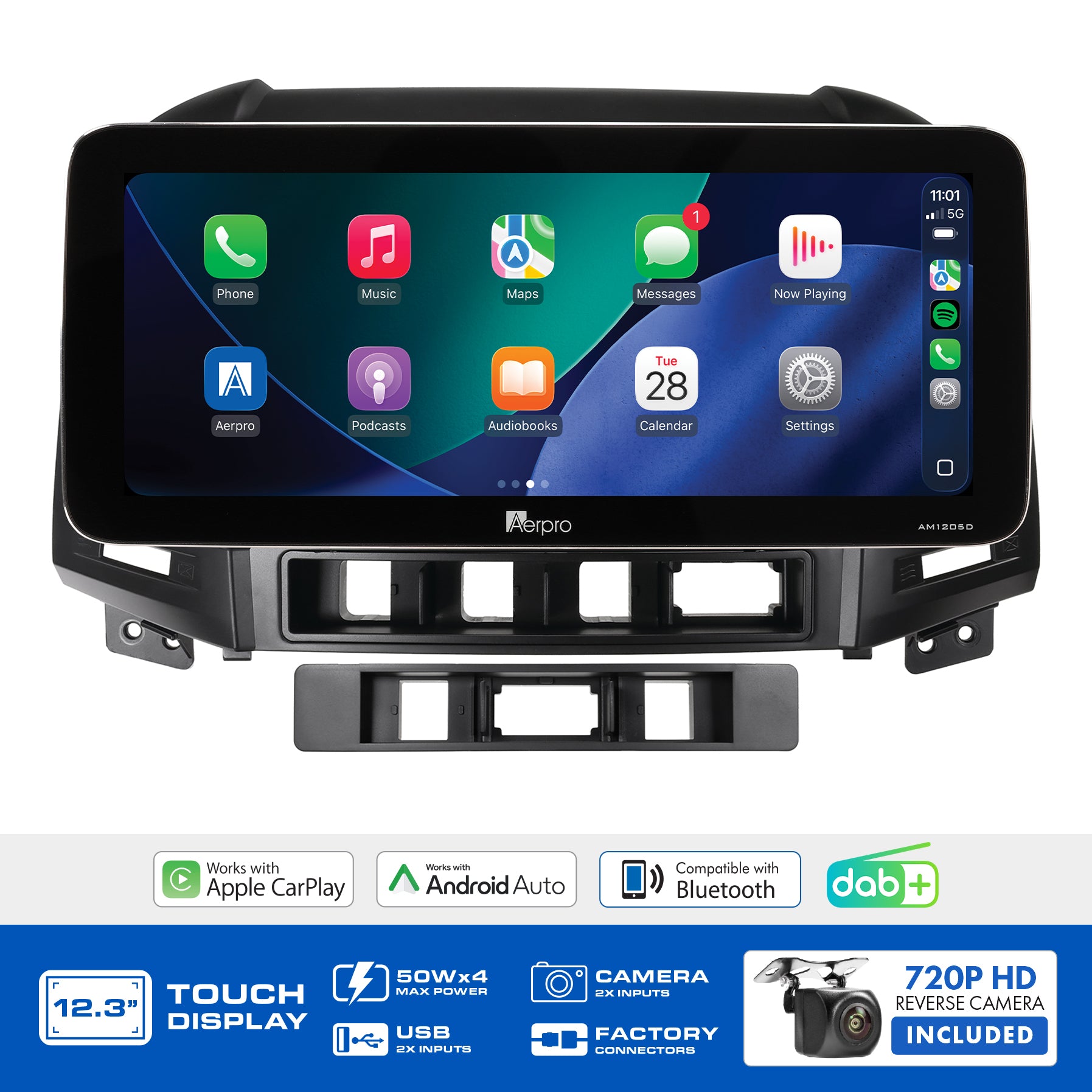 Aerpro AMTCHY19 feature graphic listing wireless CarPlay, Android Auto, DAB+ and the included camera