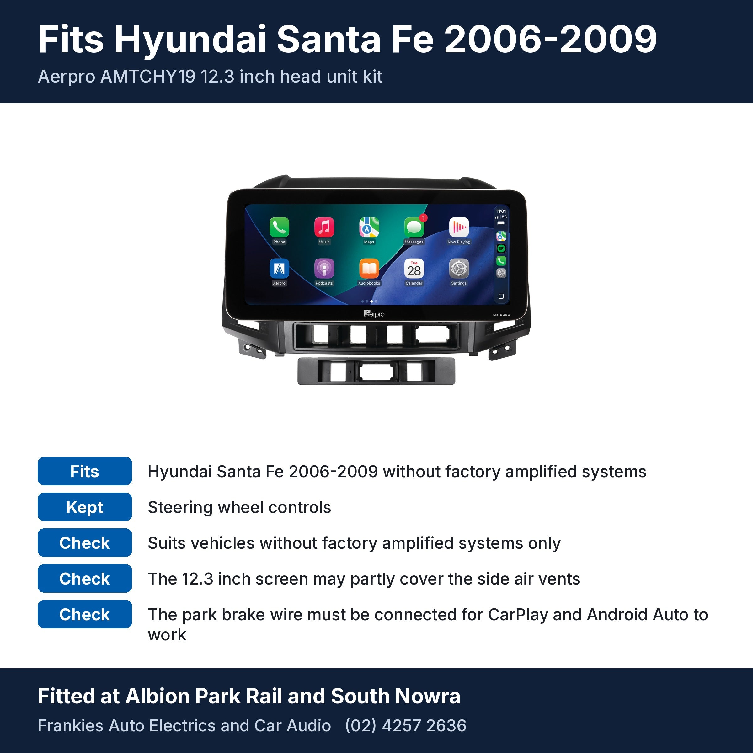 Aerpro AMTCHY19 12.3 inch head unit in its matte black facia for Hyundai Santa Fe 2006-2009, with fit and feature notes, fitted at Albion Park Rail and South Nowra