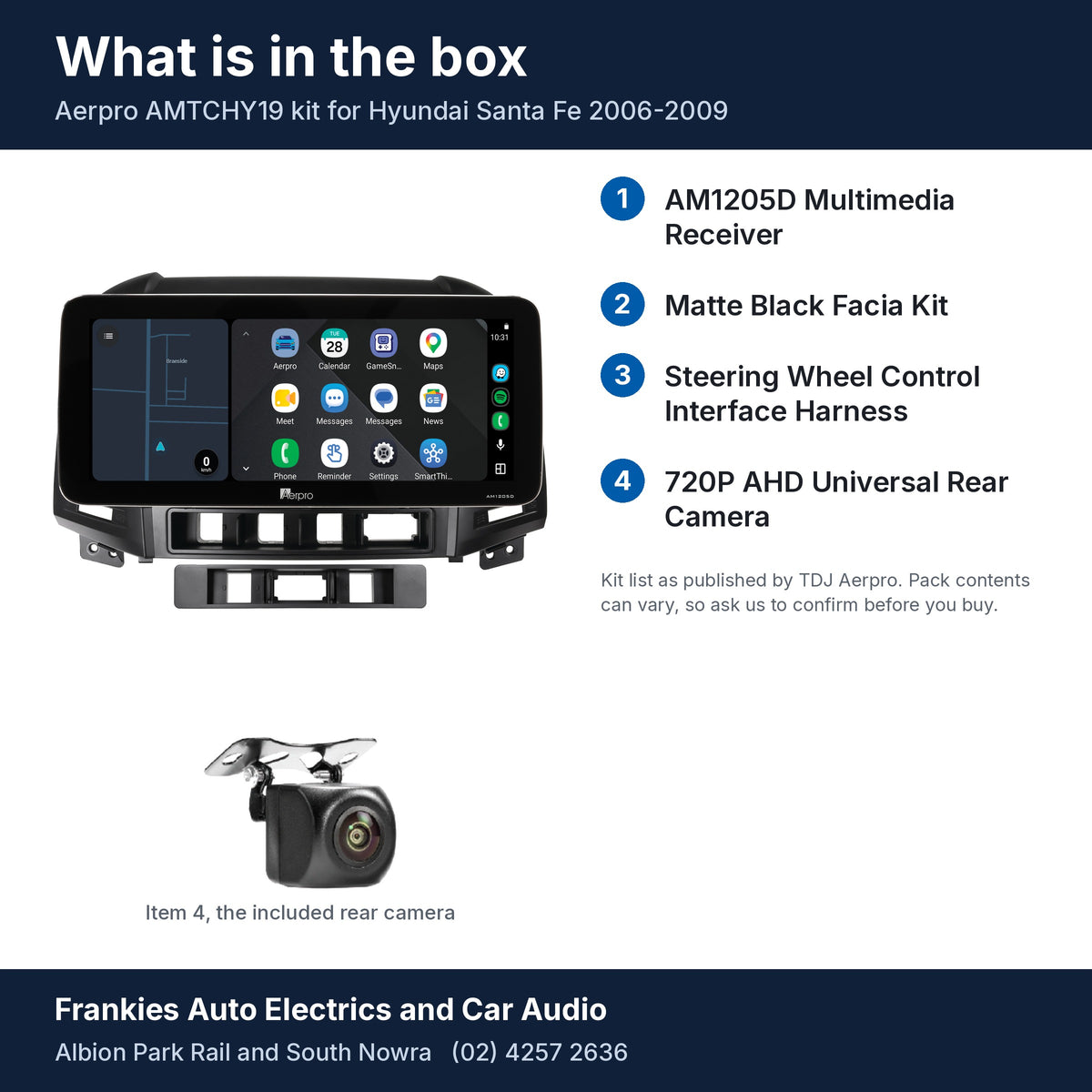What is in the box for the Aerpro AMTCHY19 kit for Hyundai Santa Fe 2006-2009: the AM1205D 12.3 inch head unit in its matte black facia, the rear camera and a list of the 4 kit items
