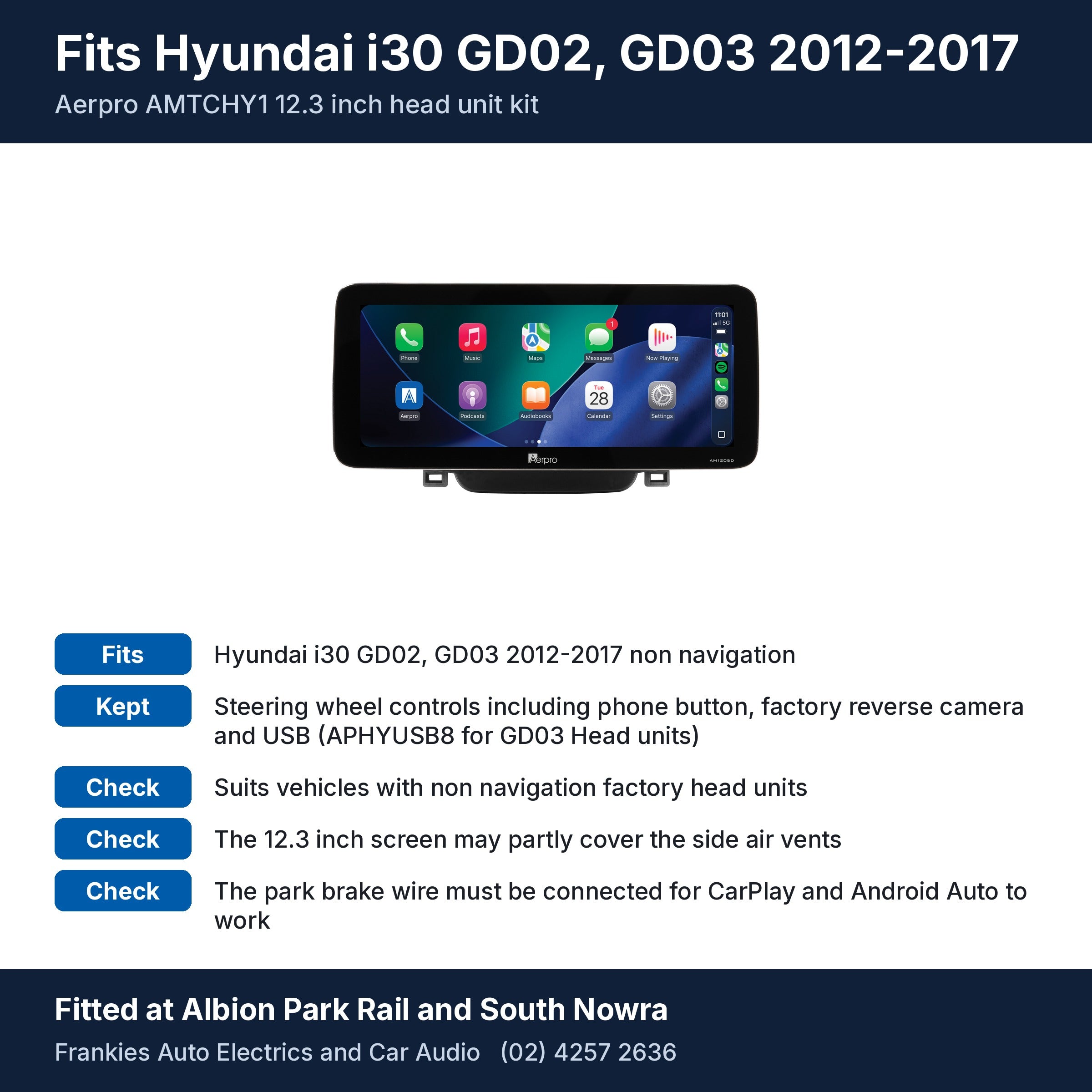 Aerpro AMTCHY1 12.3 inch head unit in its matte black facia for Hyundai i30 GD02, GD03 2012-2017, with fit and feature notes, fitted at Albion Park Rail and South Nowra