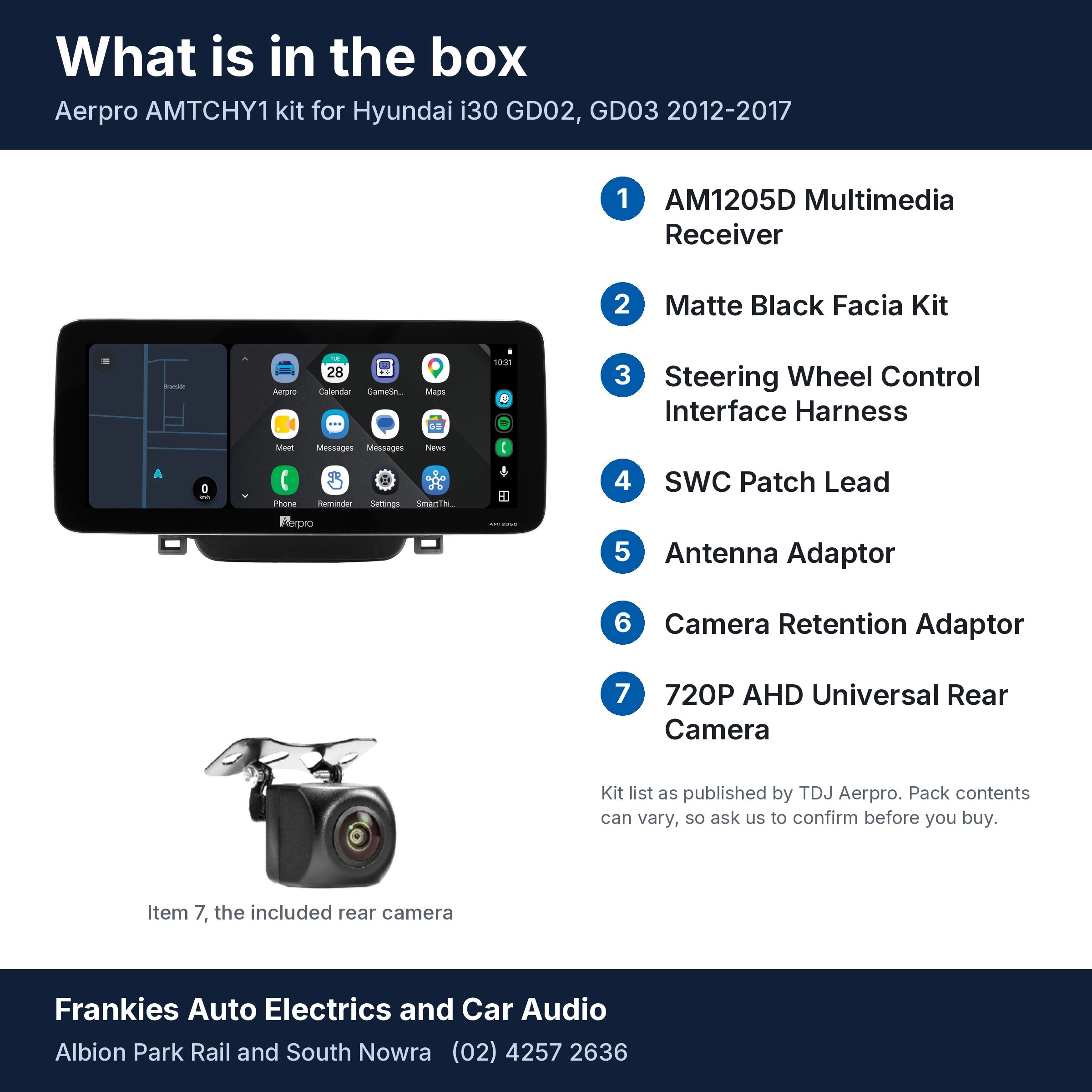 What is in the box for the Aerpro AMTCHY1 kit for Hyundai i30 GD02, GD03 2012-2017: the AM1205D 12.3 inch head unit in its matte black facia, the rear camera and a list of the 7 kit items