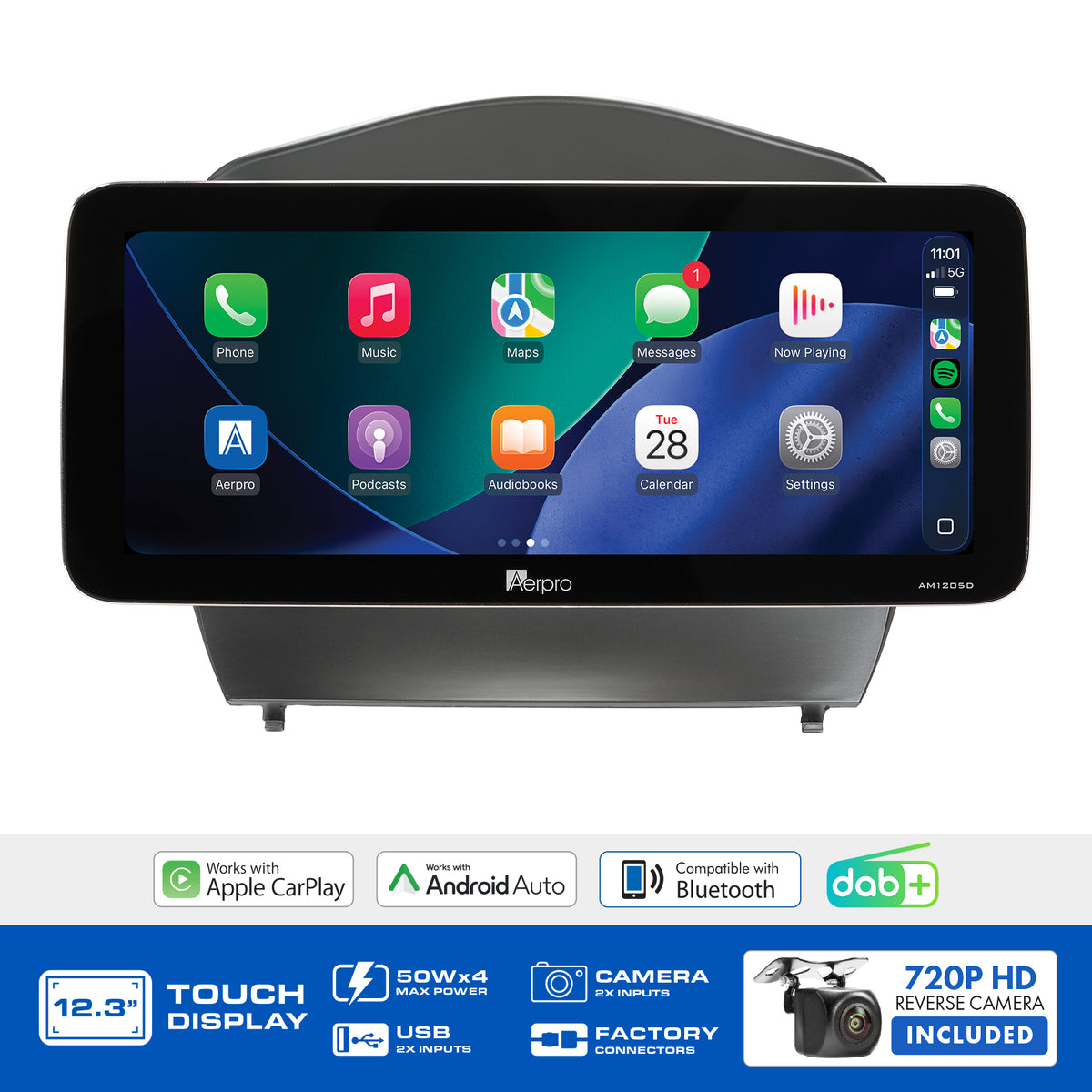 Aerpro AMTCHY21 feature graphic listing wireless CarPlay, Android Auto, DAB+ and the included camera