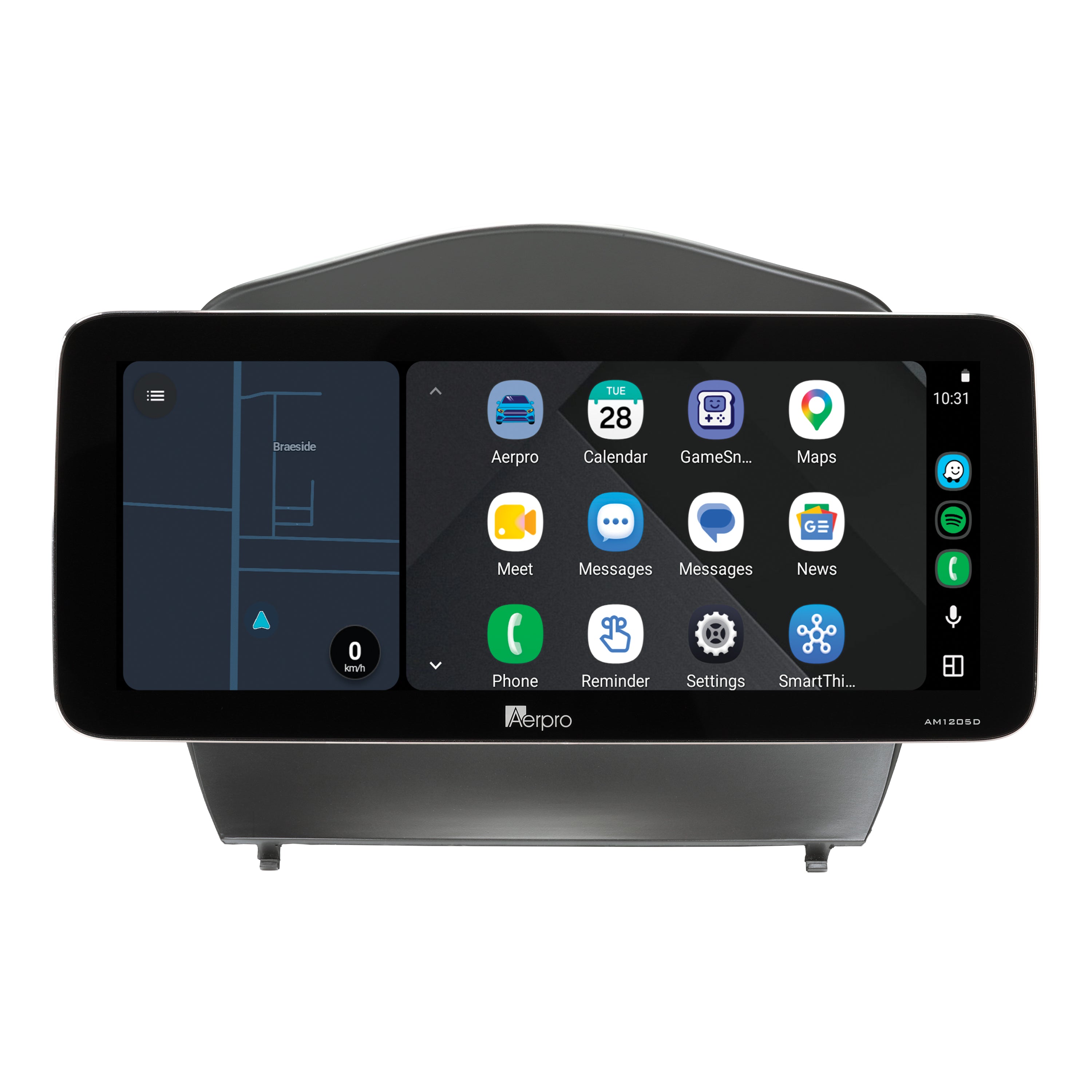 Aerpro AMTCHY21 12.3 inch screen running Android Auto split screen with a map