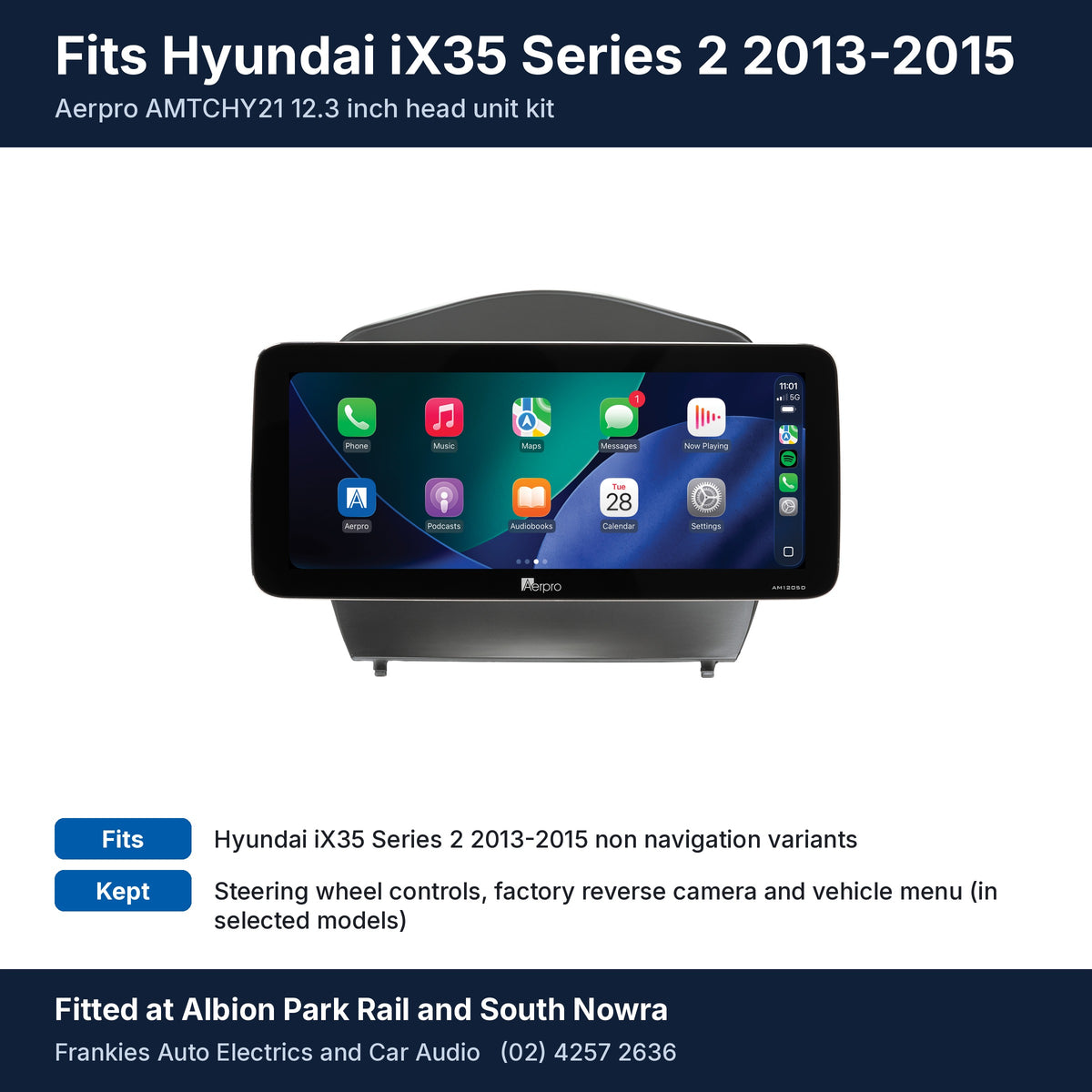 Aerpro AMTCHY21 12.3 inch head unit in its matte black facia for Hyundai iX35 Series 2 2013-2015, with fit and feature notes, fitted at Albion Park Rail and South Nowra