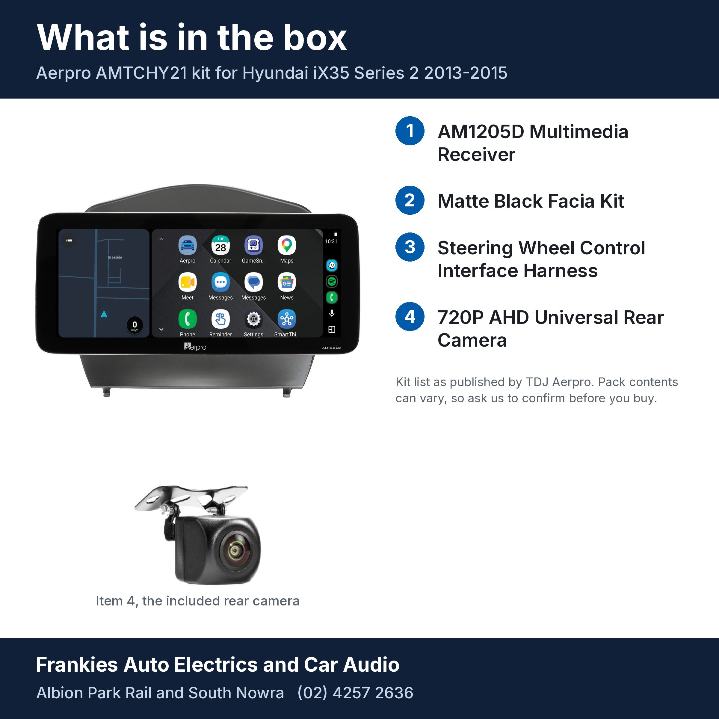 What is in the box for the Aerpro AMTCHY21 kit for Hyundai iX35 Series 2 2013-2015: the AM1205D 12.3 inch head unit in its matte black facia, the rear camera and a list of the 4 kit items