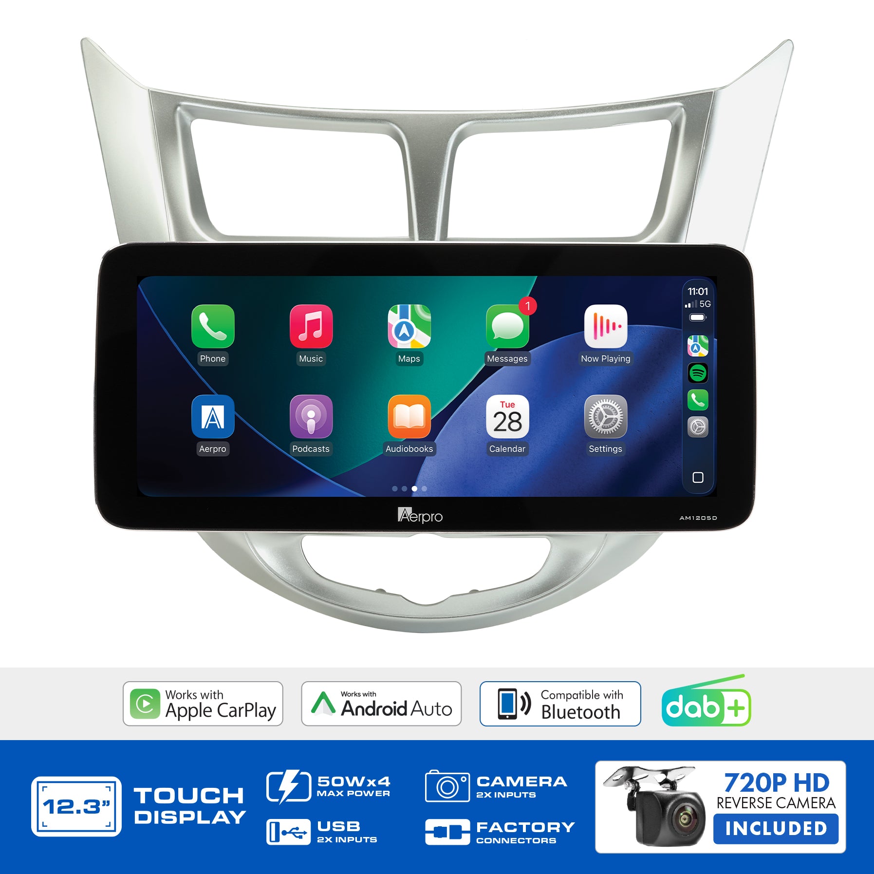 Aerpro AMTCHY23 feature graphic listing wireless CarPlay, Android Auto, DAB+ and the included camera